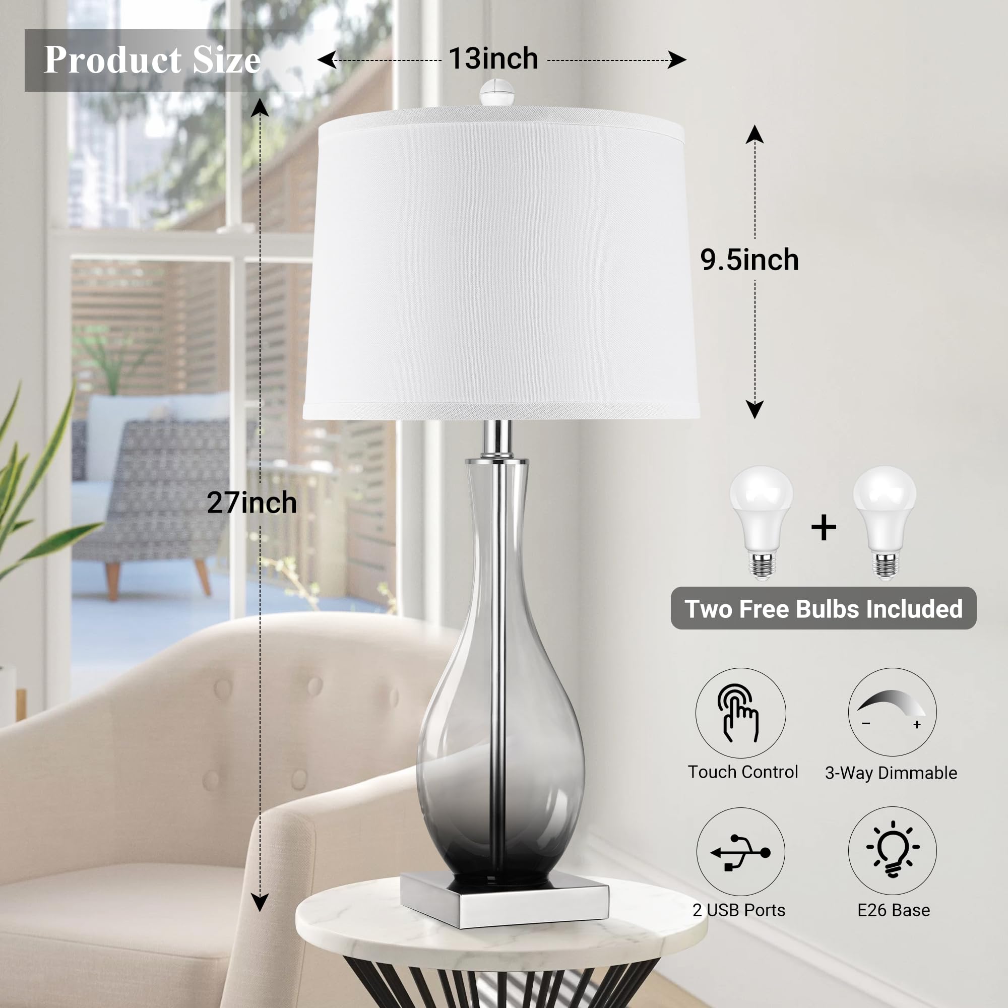 WIHTU Table Lamps Set of 2, Modern Glass, 3-Way Dimmable, 27in Bedside Desk Lamps with USB C and A Charging Ports, Gray, WTLP357
