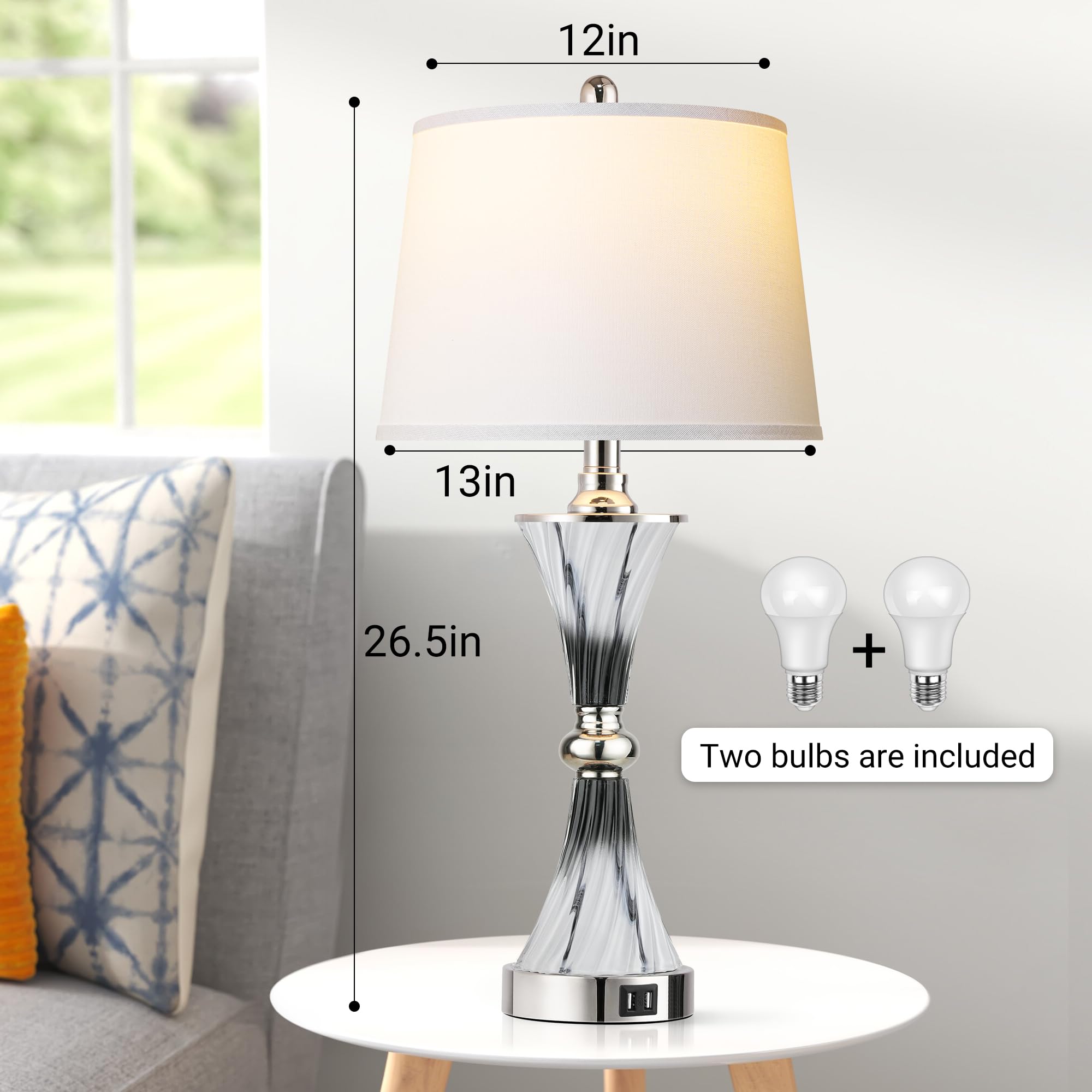 3-Way Dimmable Touch Glass Bedside Table Lamps For Bedroom Set Of 2 With 2 Usb Ports,Dark Grey And White Living Room Lamps For E