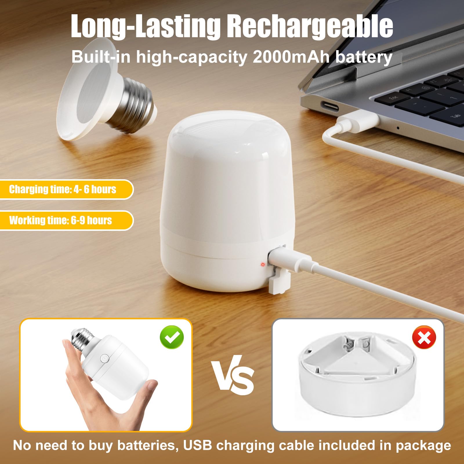 Rechargeable Light Bulb With Remote And Timer For Sconce And Lamp, Battery Backup Night Light, E26 Detachable Charging, Magnetic Base, 3 Lighting Colors, Dimmer, 7W, Lanyard Included, 4 Pack