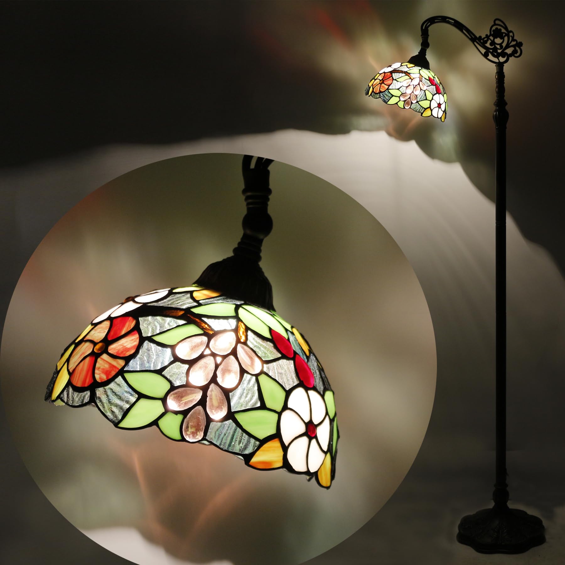 AVIVADIRECT Tiffany Floor Lamp - Stained Glass Grape Arched Reading Light, 10x10x64 Inch, Adjustable Gooseneck for Bedroom & Living Room