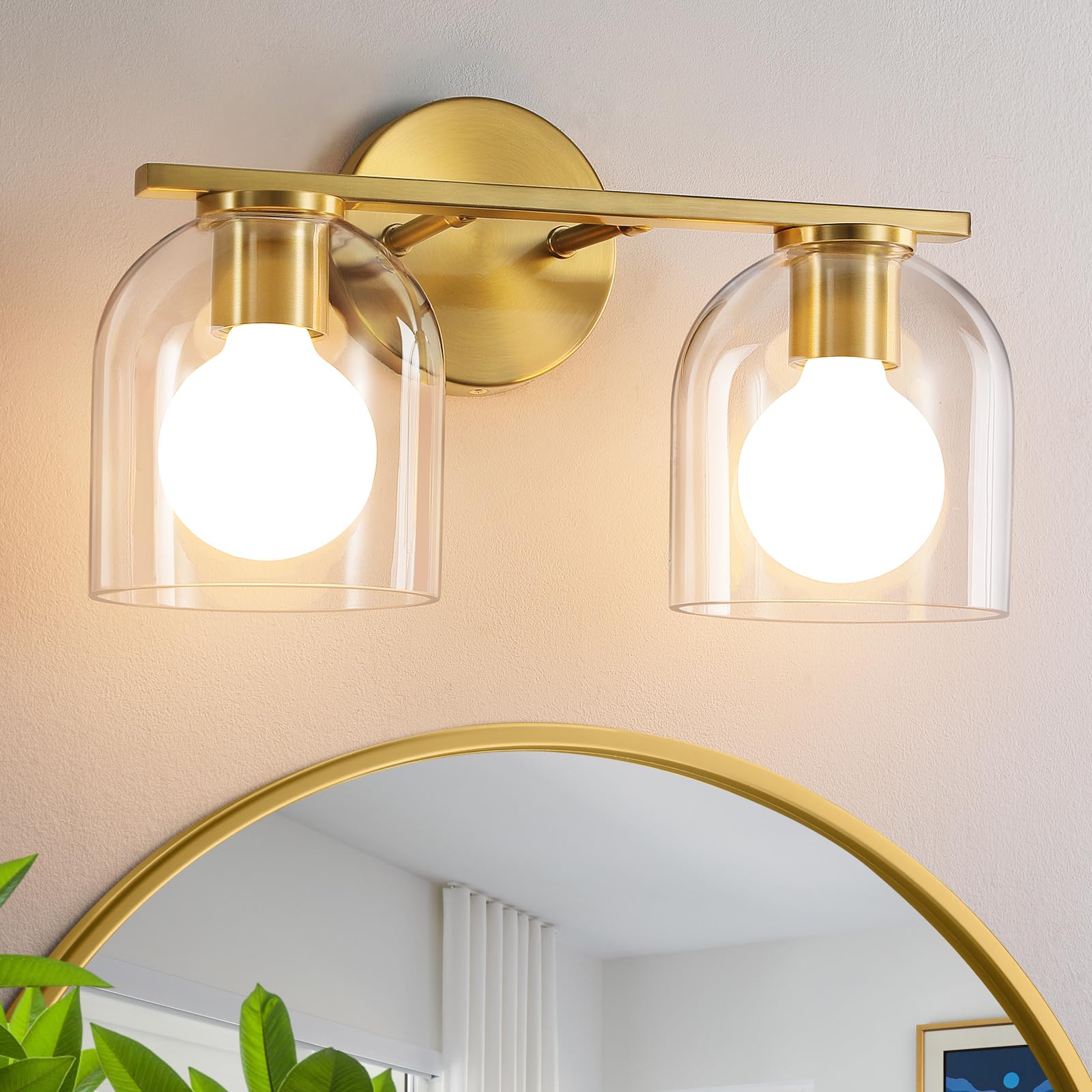 Woshitu Modern Gold Bathroom Light Fixtures: 14.2 Inch Over Mirror, 2 Light Fixtures With Clear Glass Shade, Brushed Gold Wall M