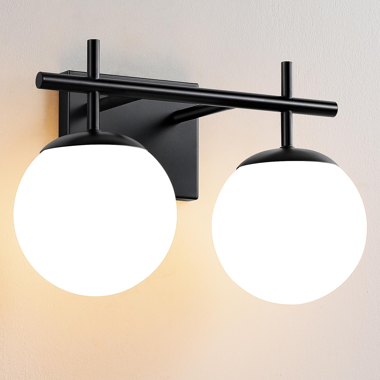 AIJIASI Black Bathroom Light Fixture Over Mirror, 2-Lights Vanity Lights with Milky White Frosted Glass Shade Mid Century Farmho