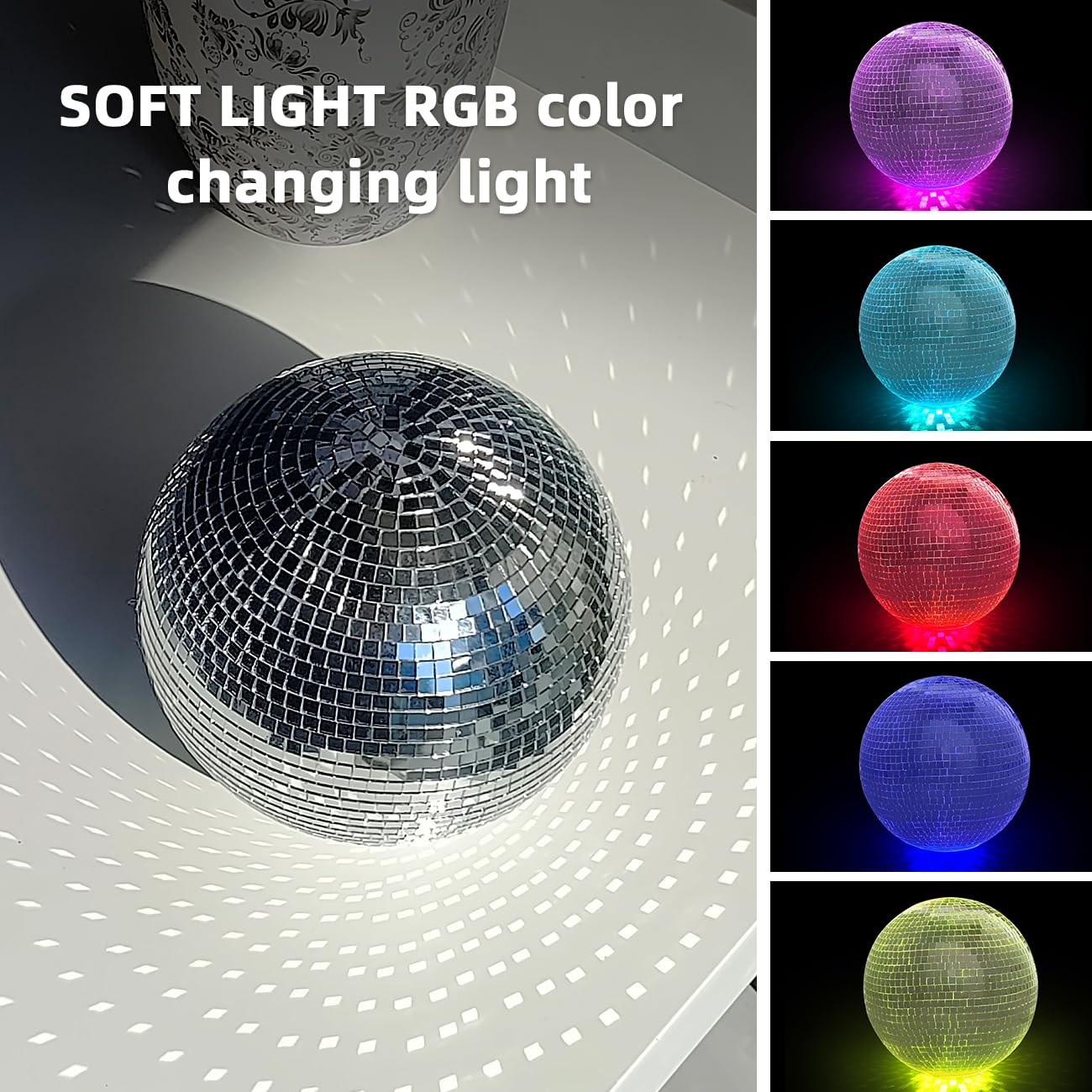 IJG Silver Disco Ball with RGB Lights, 6 Inch Plastic Mirror Ball, Home Art Decoration, Bar Ornament