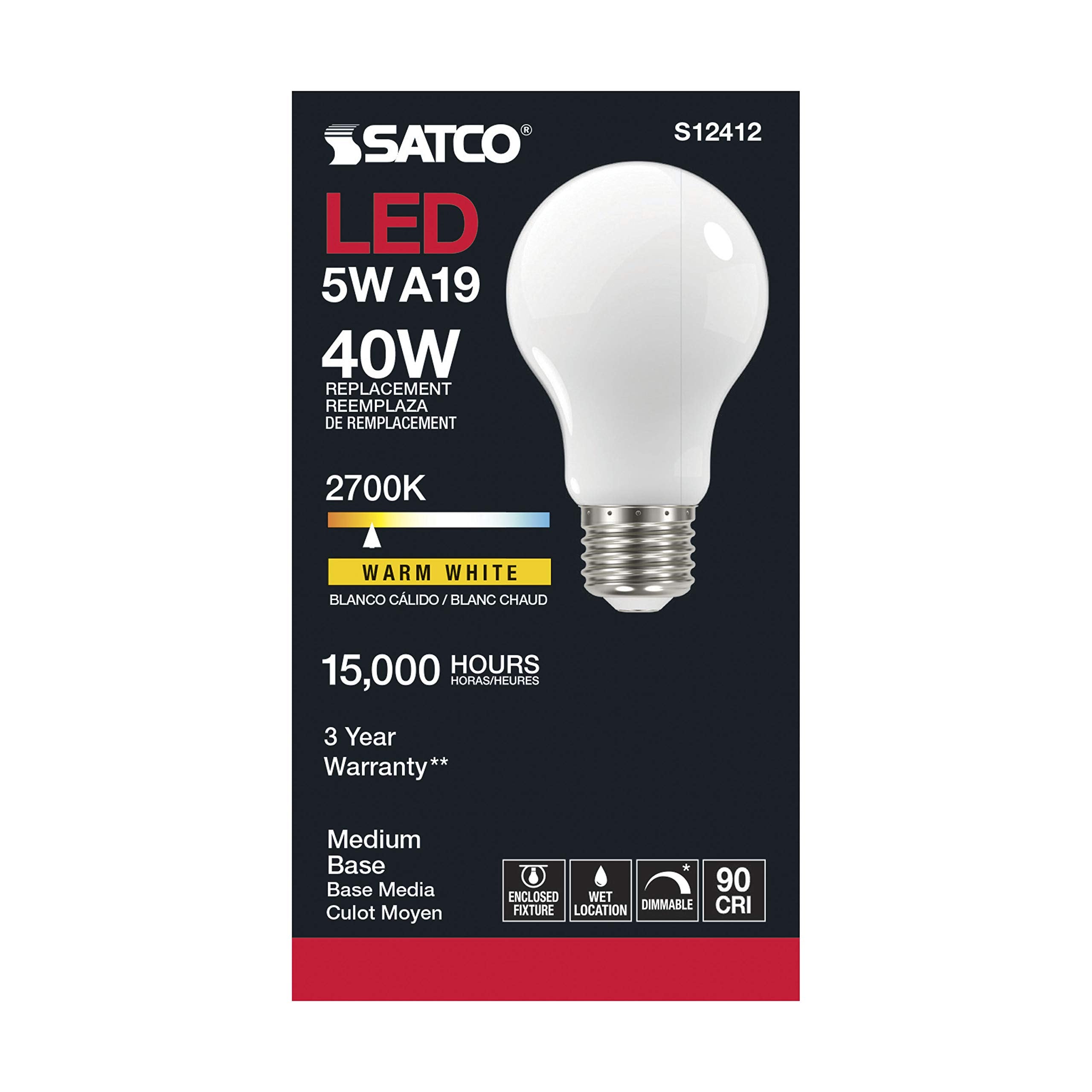 Satco S12412 Bulb, Warm (2700K) -5 Watt