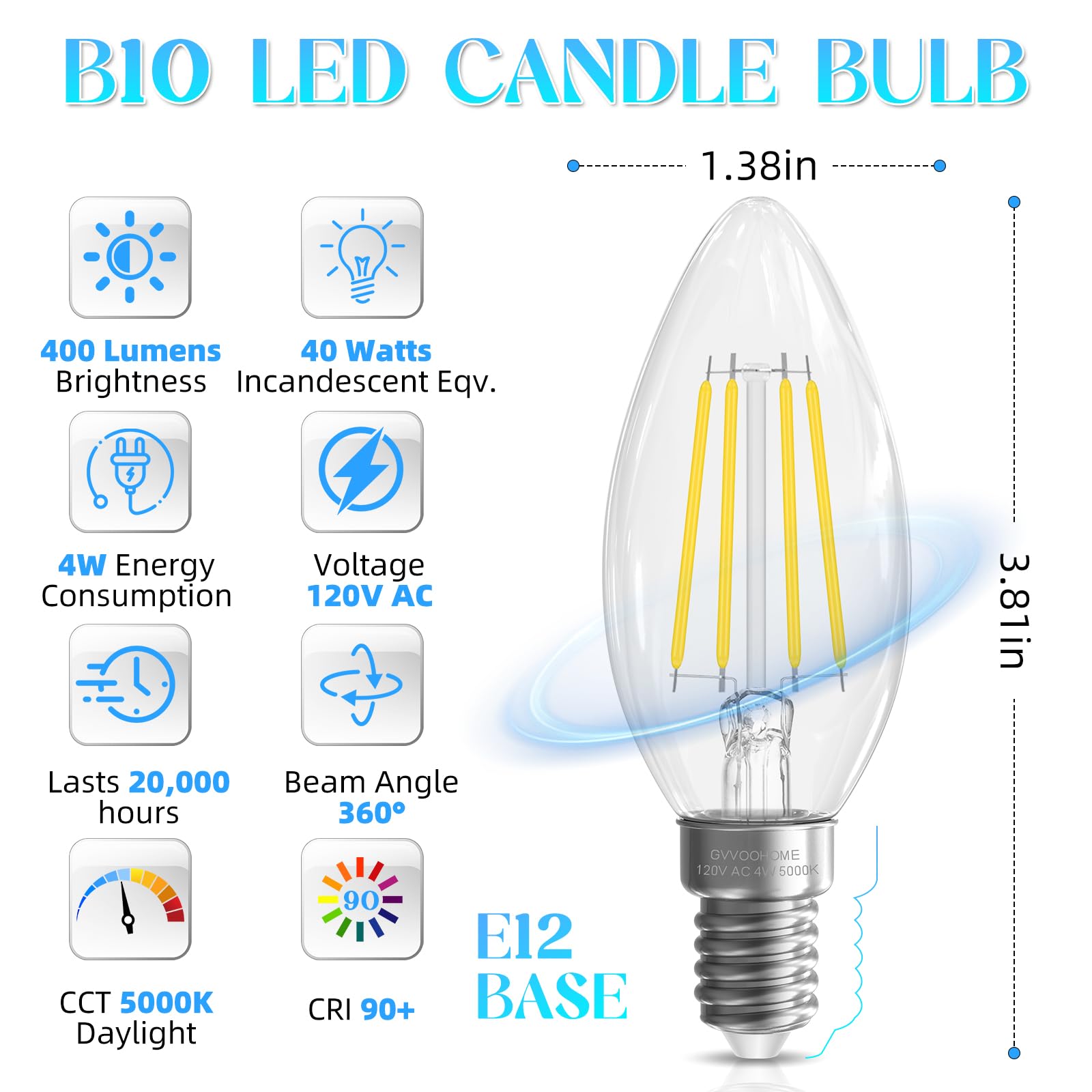 Gvvoohome E12 Candelabra Bulb 40 Watt, E12 Led Bulb Non-Dimmable Chandelier Light Bulbs, 5000K Daylight B10 Candle Light Bulbs,
