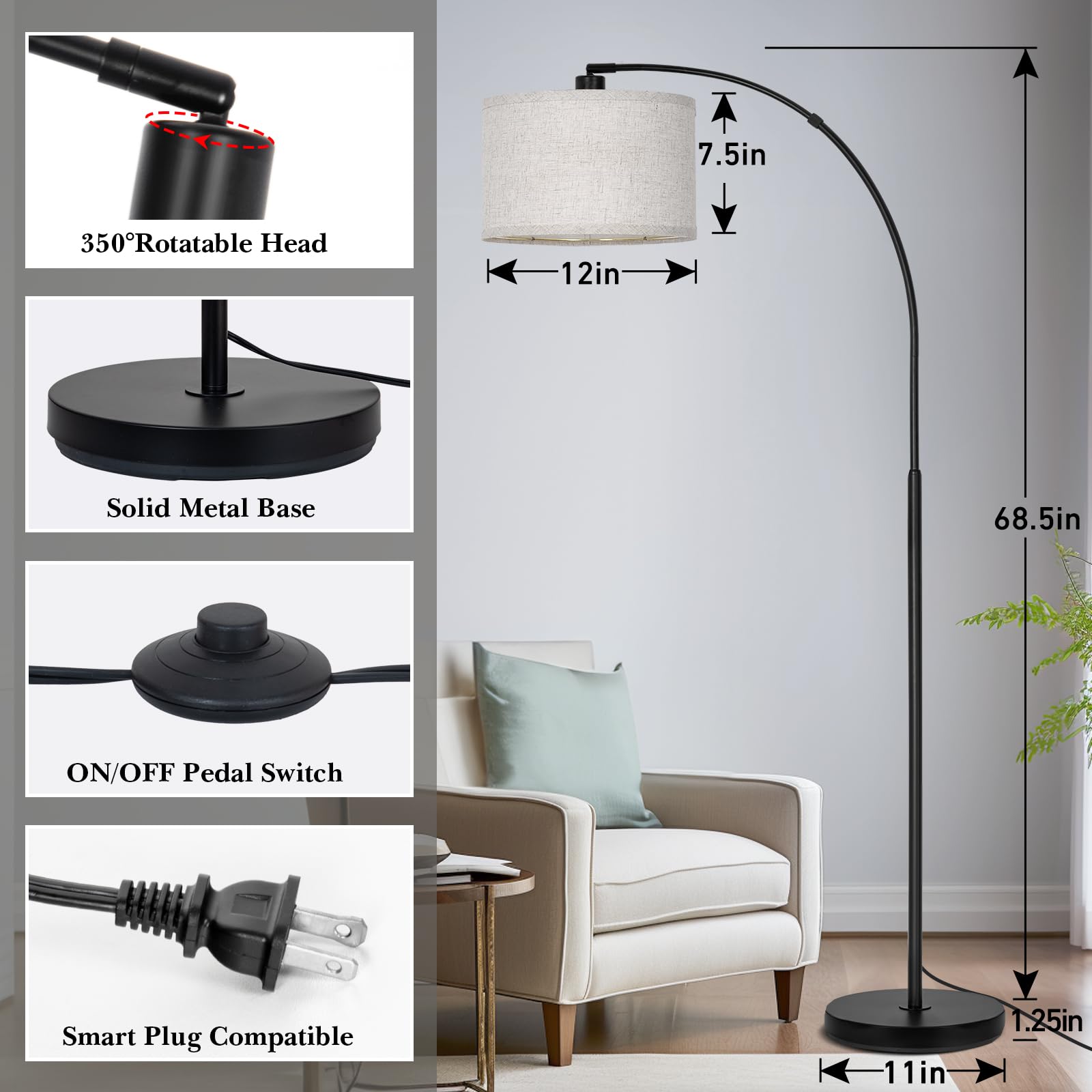 Black Arc Floor Lamps For Living Room,Modern Standing Lamp With Adjustable Drum Lampshade Tall Pole Lamp With Foot Switch Over C