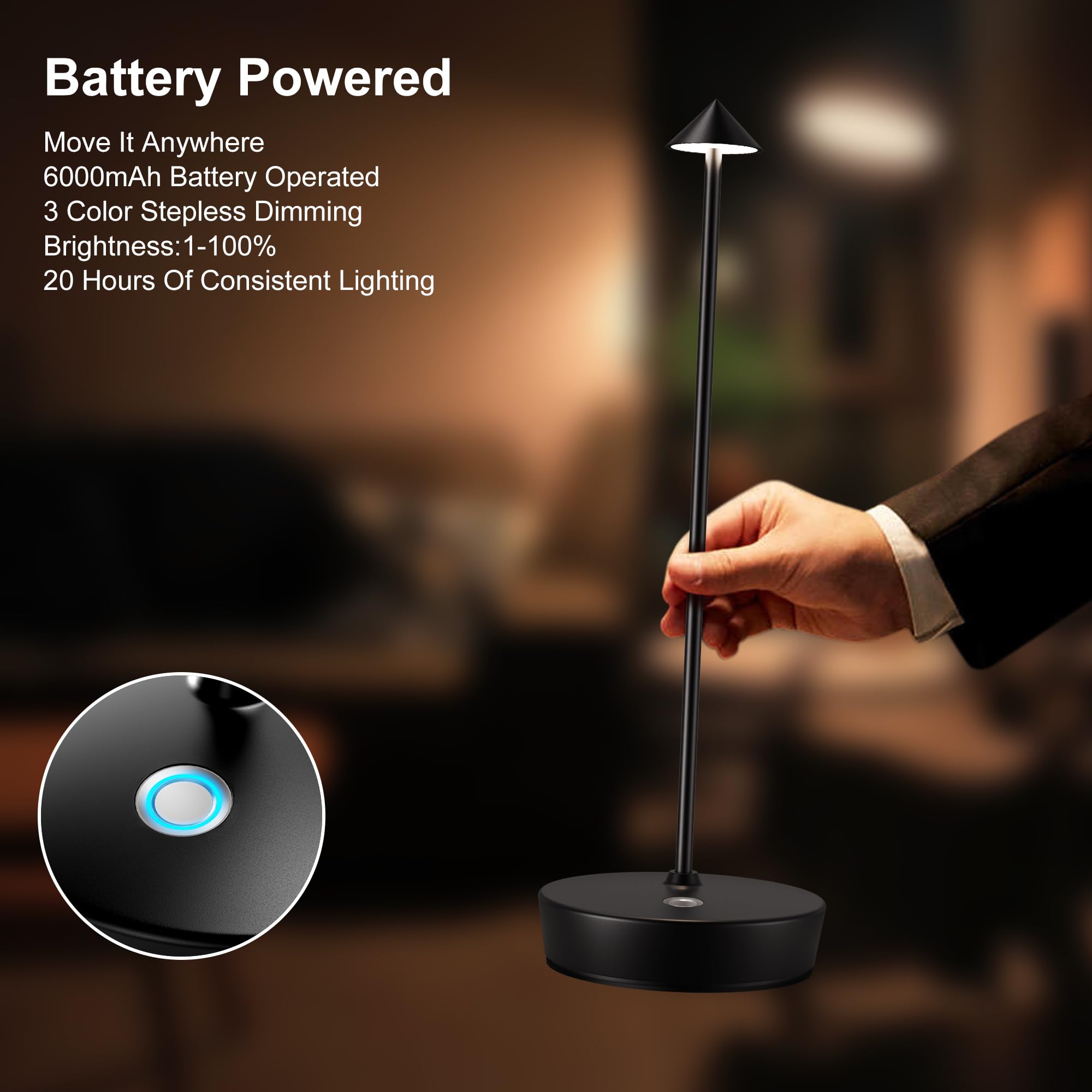 JALVDE Cordless Table Lamp, Rechargeable LED, Dimmable, Aluminum, Black, 2 Pack, Model D-W-07