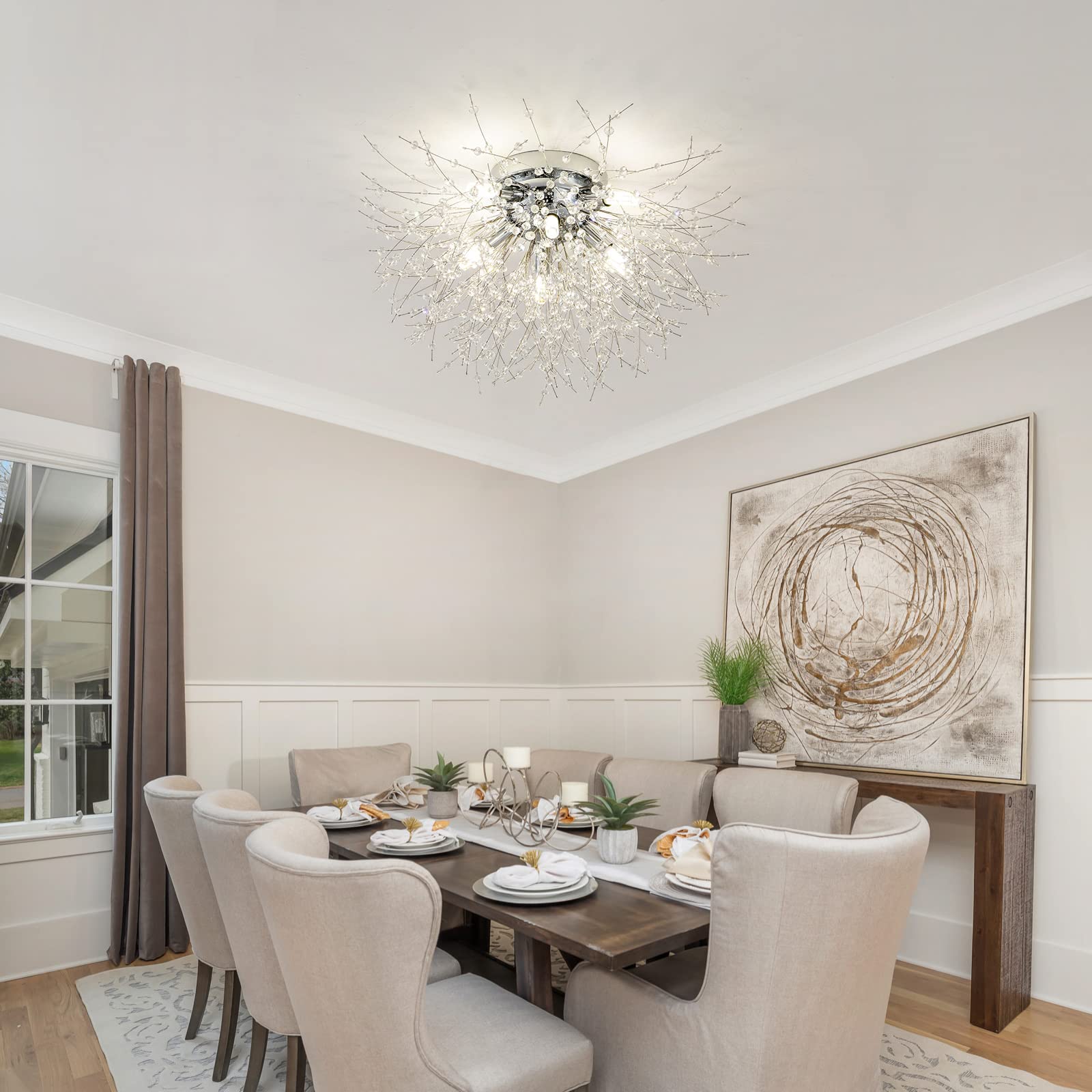 Tanlux Crystal Flush Mount Ceiling Light Fixtures, Modern Chrome Sputnik Firework Chandelier, 8-Light Close To Ceiling Lighting