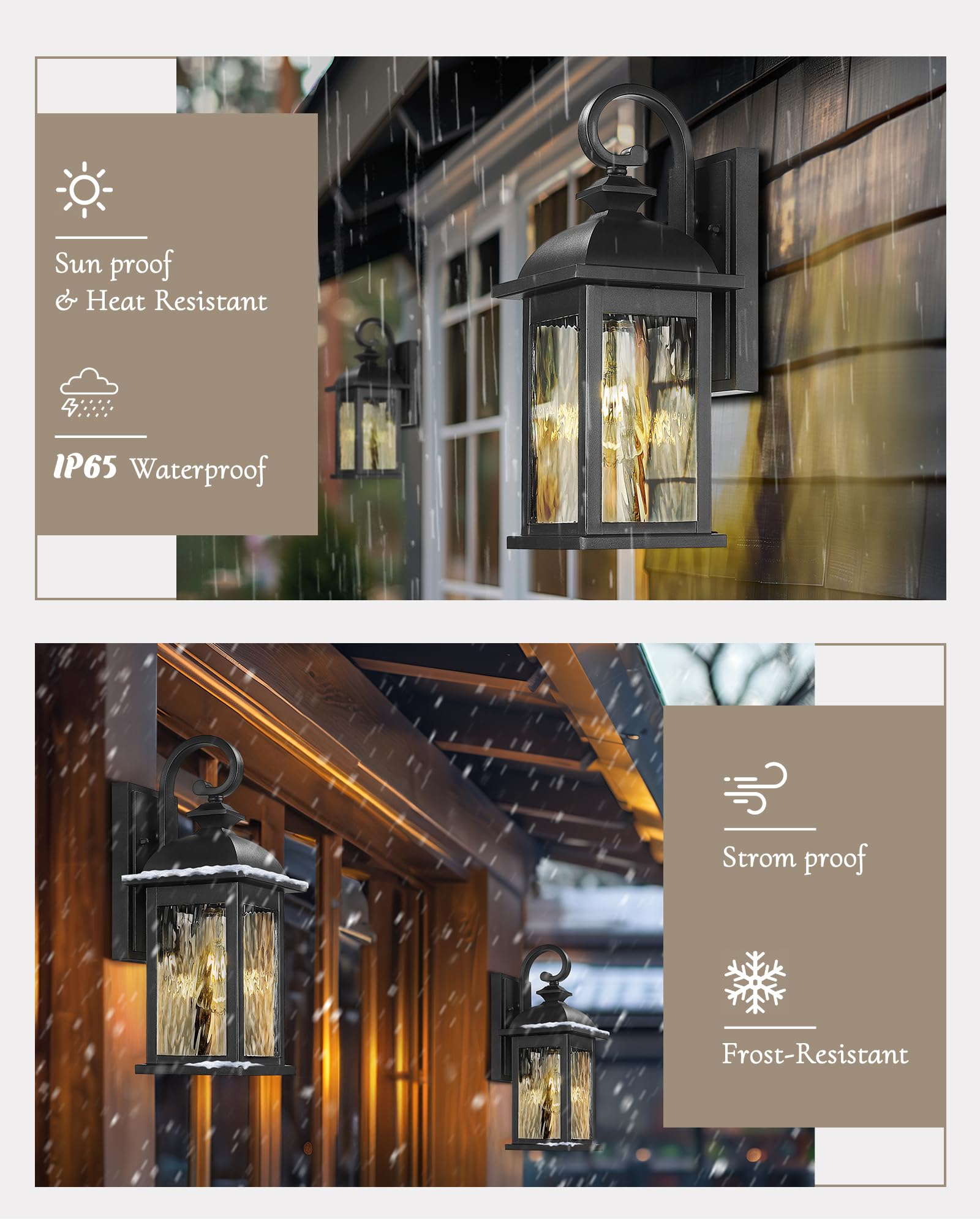 FEMILA Outdoor Waterproof Wall Lights, 15" Matte Black Lantern, 2 Pack, Anti-Rust with Water Ripple Glass, Model 4FD54B-2PK BK-WP