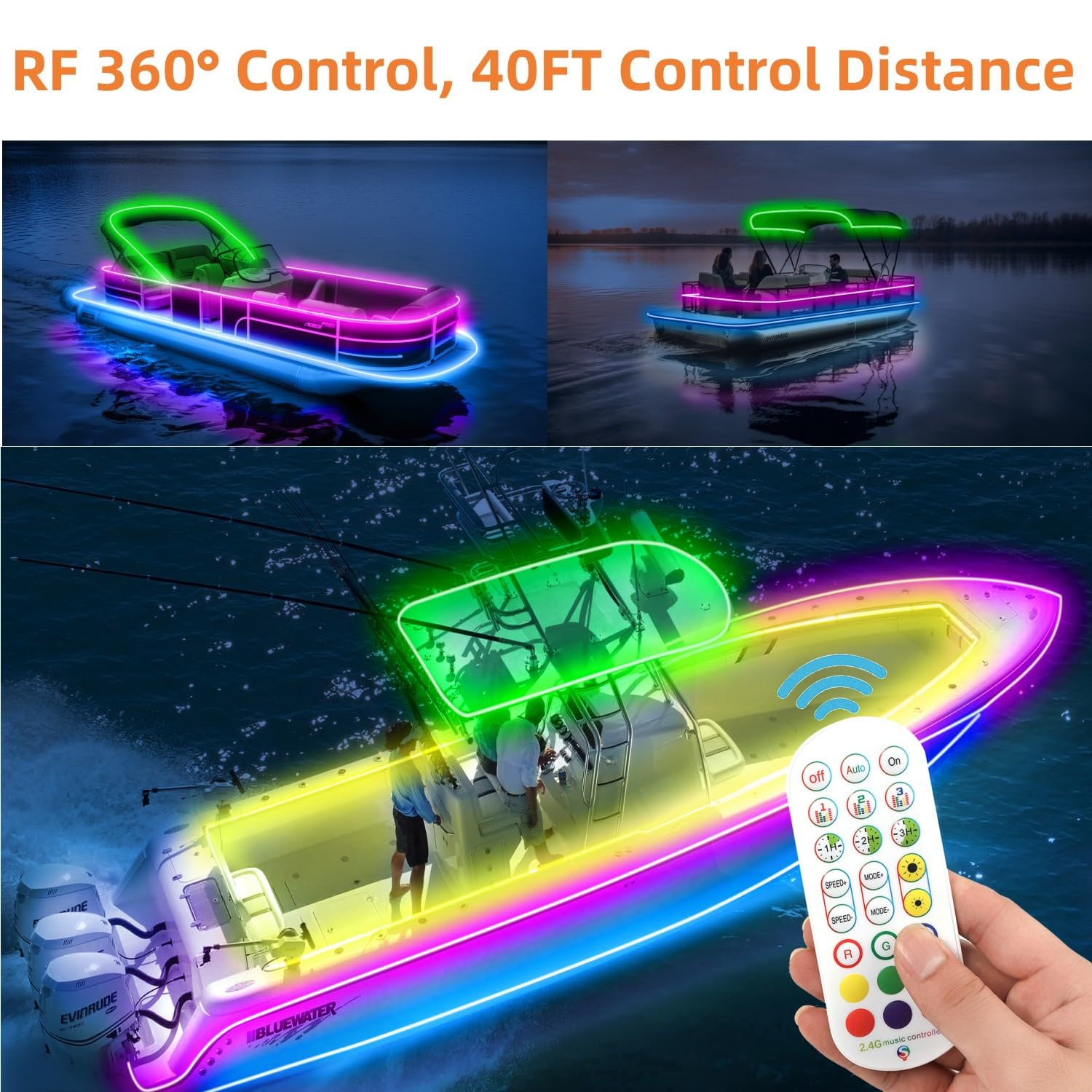 ROLiGHTiC Marine LED Strip Lights, 32.8FT IP68 Waterproof RGB Underwater Lights for Boats, RF/APP Control, Multicolor