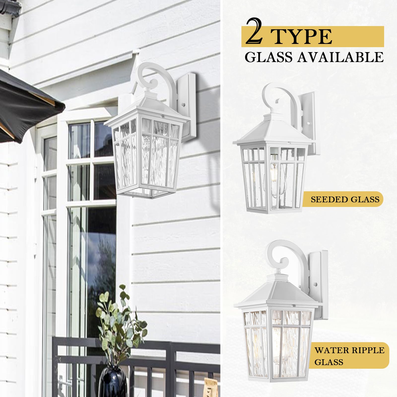 Darkaway Outdoor Wall Lights For House  Exterior Lighting Fixtures Wall Mount Outside Porch Lights Waterproof White Outdoor Sconce Lights With Water Ripple Glass For Patio Garage Front Door