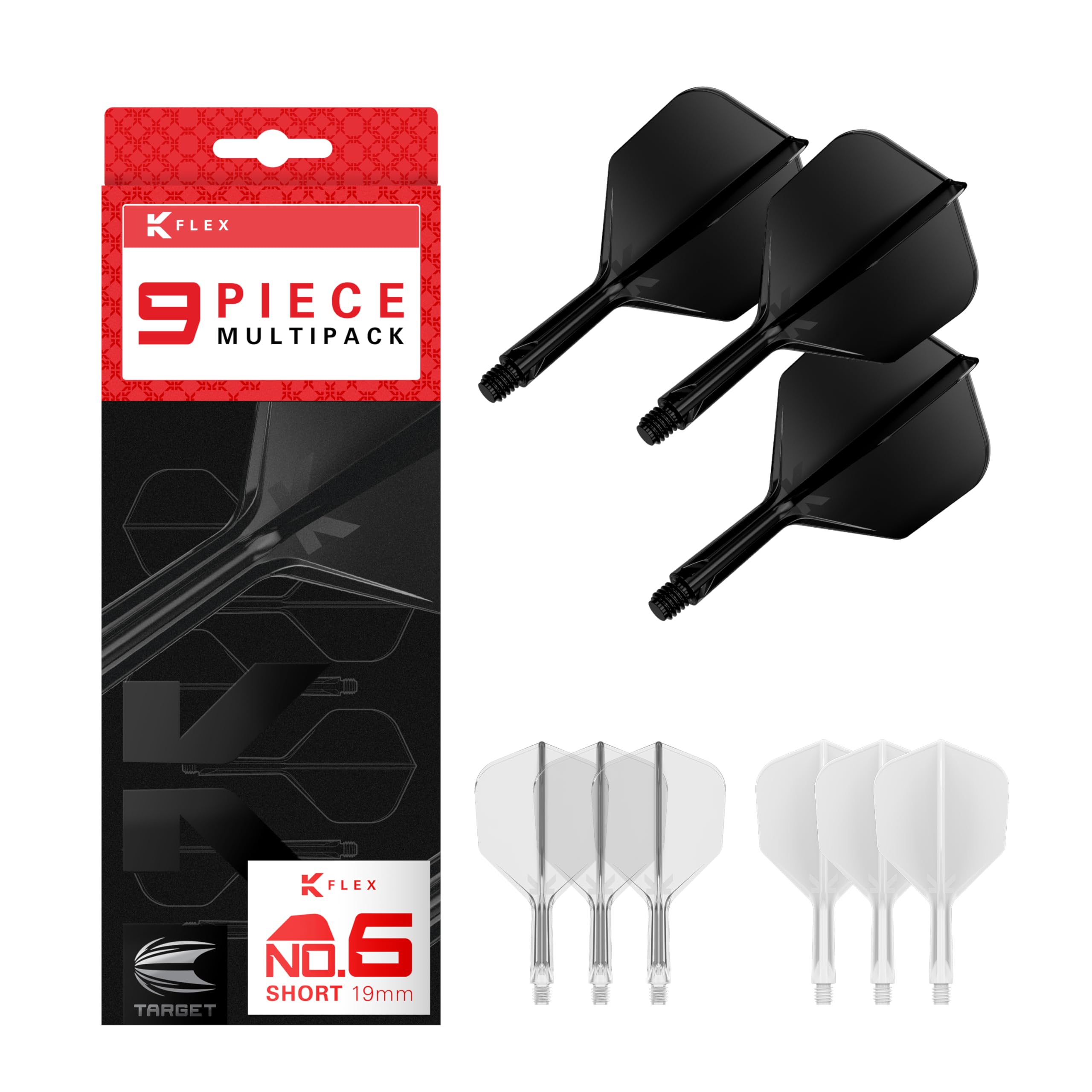 Target Darts K-Flex Integrated Dart Flights And Shafts  Short Stem (19Mm)  No.6 Flight  9-Pack Bundle  Black  White & Clear | Kflex 2 In 1 Flight And Stem  Professional Darts Accessories
