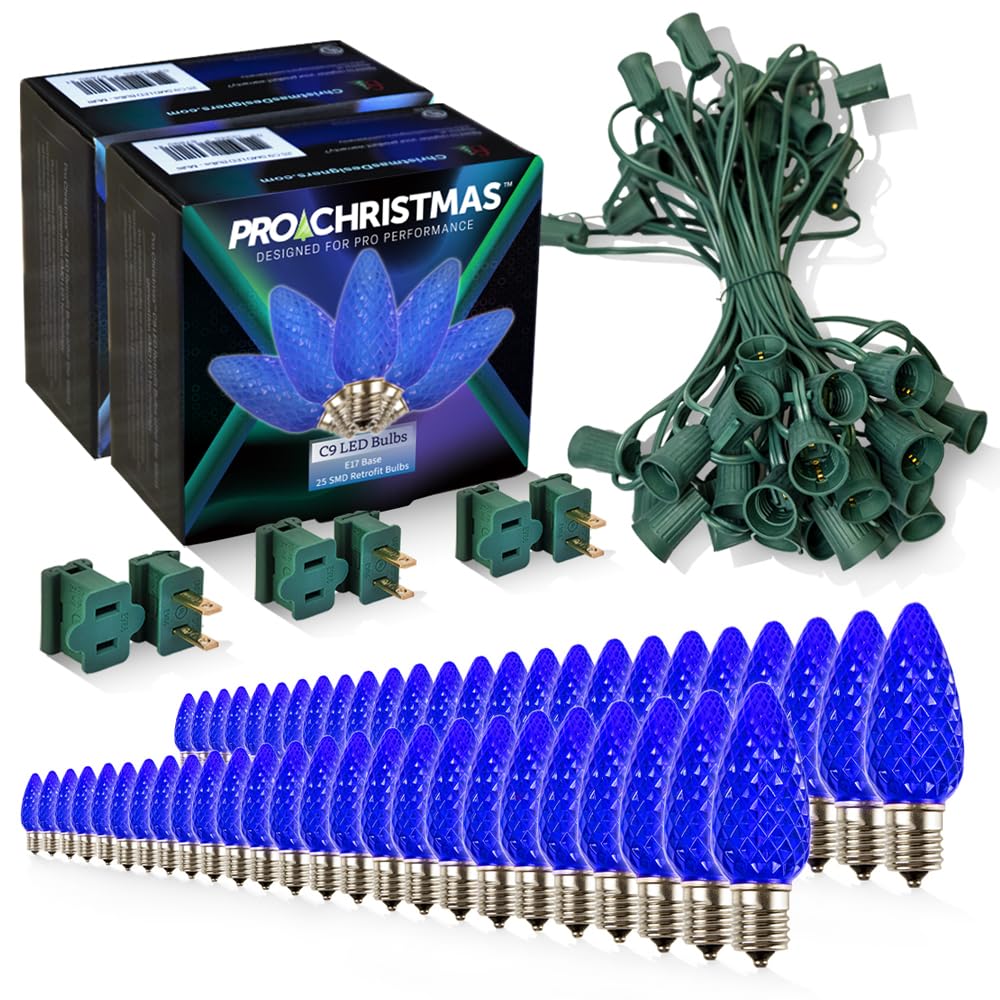 Pro Christmas C9 LED Christmas Light Kit for Rooflines & Pathways - DIY Cut to Length  Outdoor Commercial Grade (Green Wire w/Vampire Plugs  50 Bulbs  50 ft) Blue