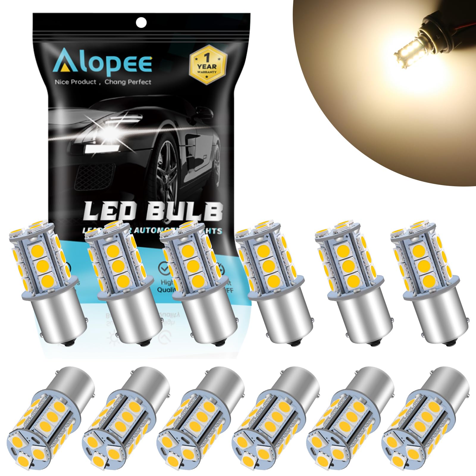 Alopee 1141 LED Bulb RV Light, 5050 18SMD, Warm White, 12V, Replacement for 7506 1141 1003, Pack of