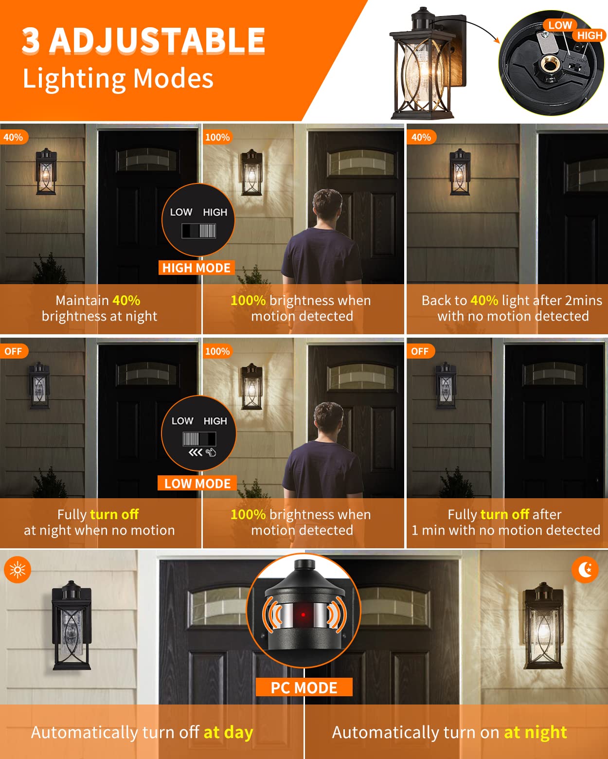 Delicavy Motion Sensor Outdoor Wall Light, Dimmable, Black,  -Like Glass, Small, Wall Mount, Dusk to Dawn Fixture