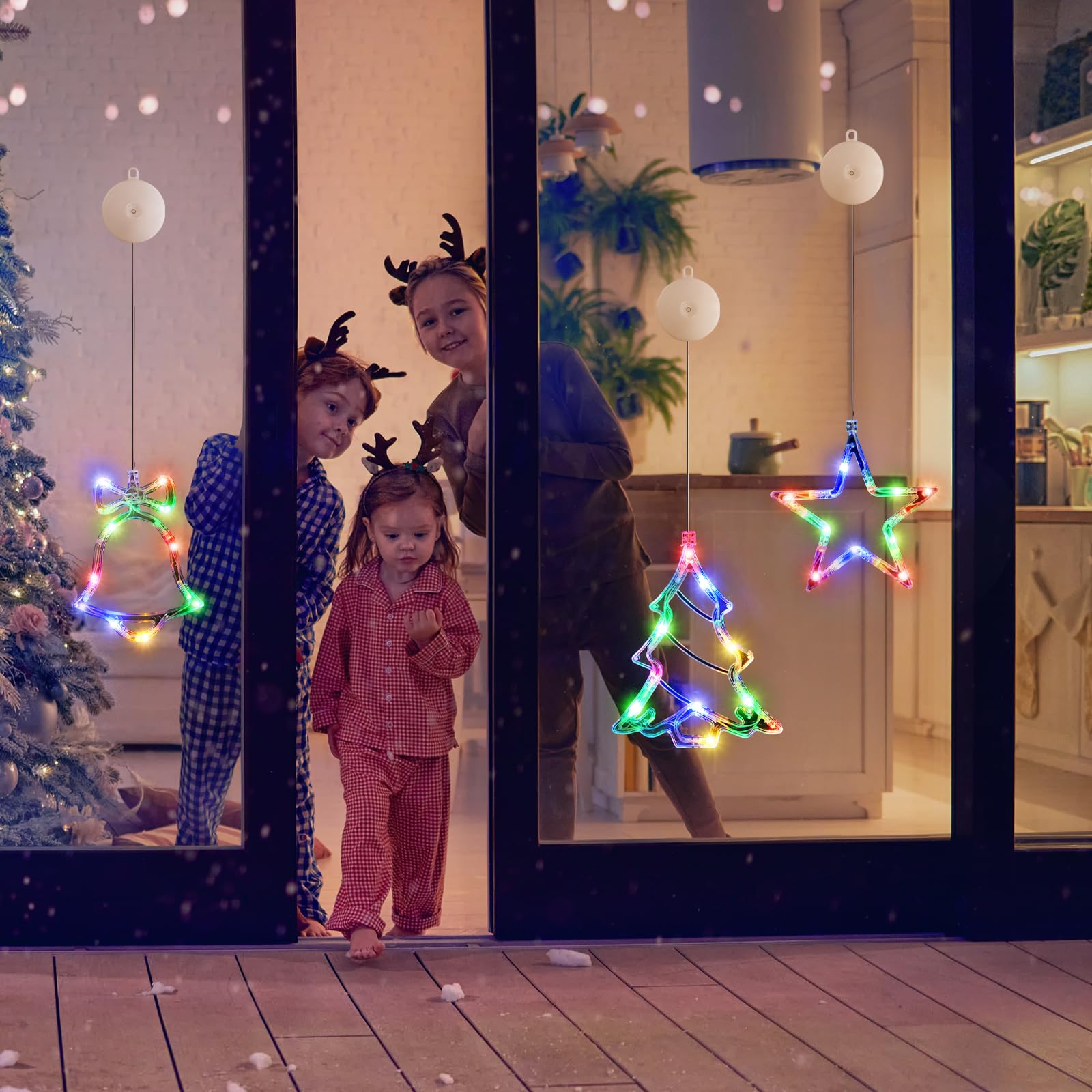 LYUBASA Christmas Window Lights - 3Pcs LED Multicolor Tree & Star Decorations, Battery Powered, Plastic, Model A333
