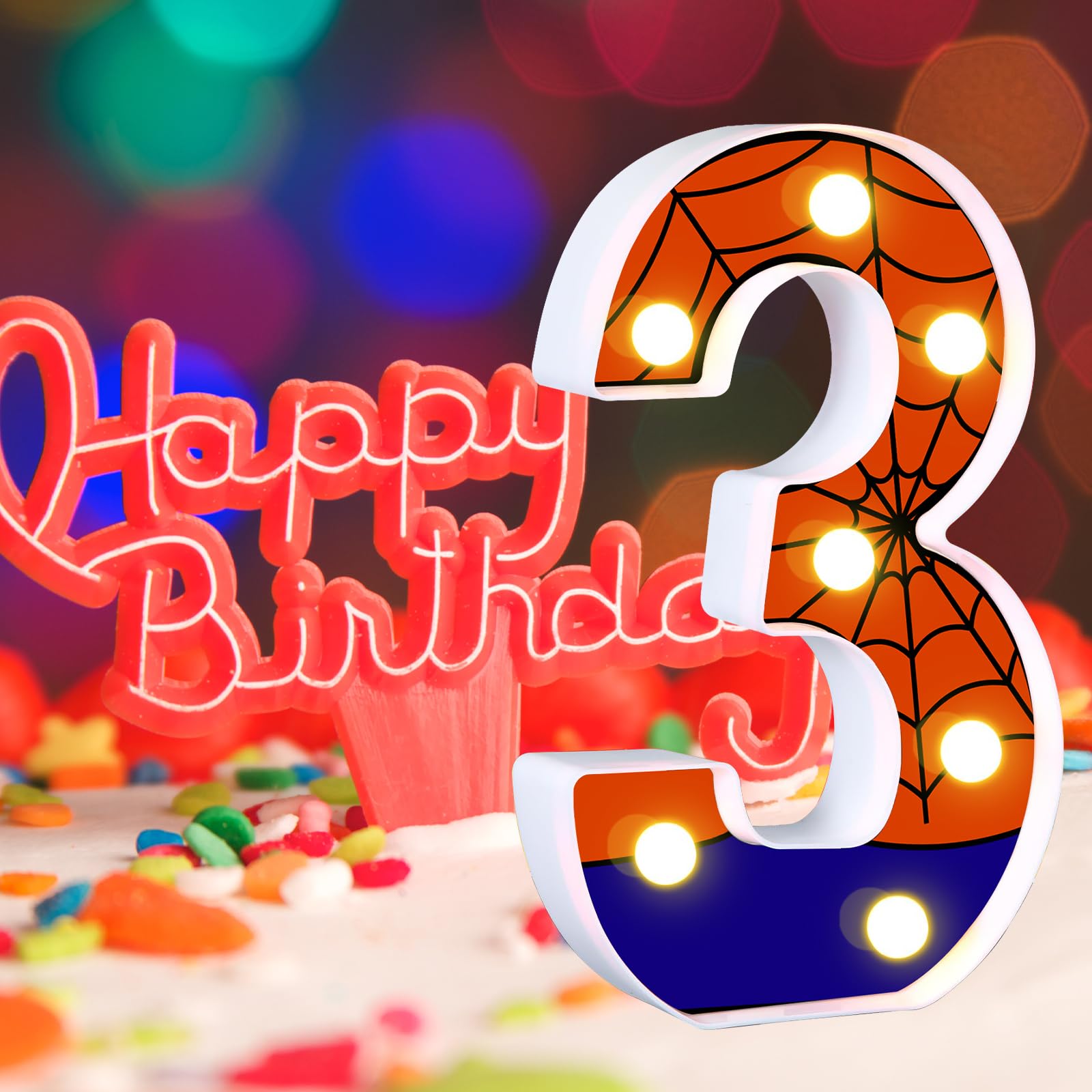 Axbmm 8.5'' Spider Light Up Numbers Spider Birthday Decorations Happy Birthday Light Up Sign Night Light For Spider Decorations