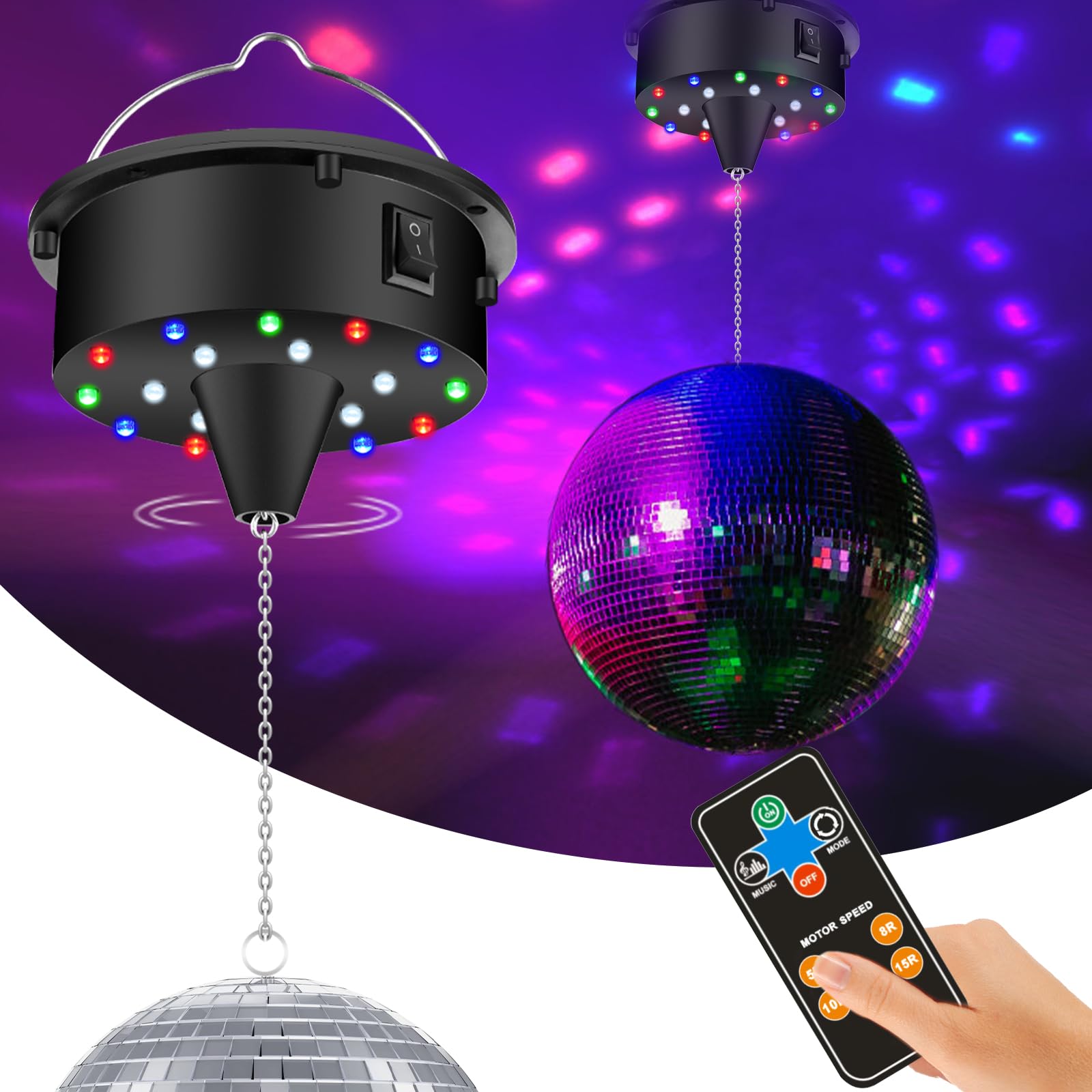 5/8/10/15 Rpm Disco Ball Motor With Remote For Party Decor, Disco Ball Spinner Light With 4 Color Lights And 18 Led Beads, Heavy Duty Motor For Hanging 8/10/12/15 Inch Mirror Ball(No Ball)