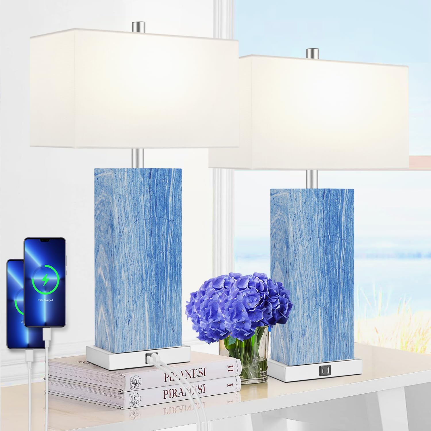Momyofdy 24&quot; Blue Touch Control Table Lamps Set Of 2 With Usb Ports, Dimmable White Shade