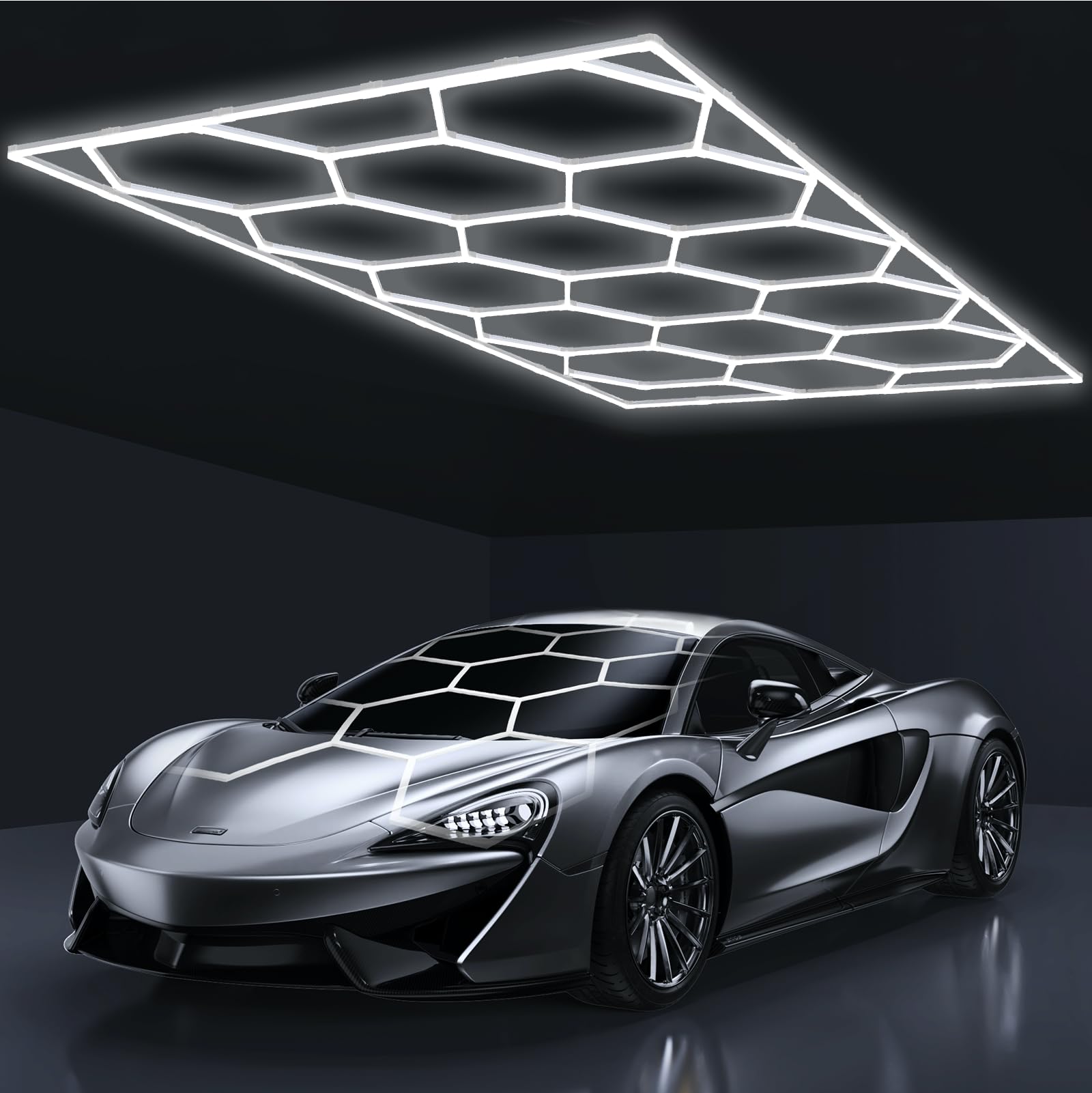 HYPERLITE Gen 2 Hexagon Garage Light - 624W 62400LM, Dimmable, 15 Grids, Polycarbonate, White, Model AC15HEX-DMB