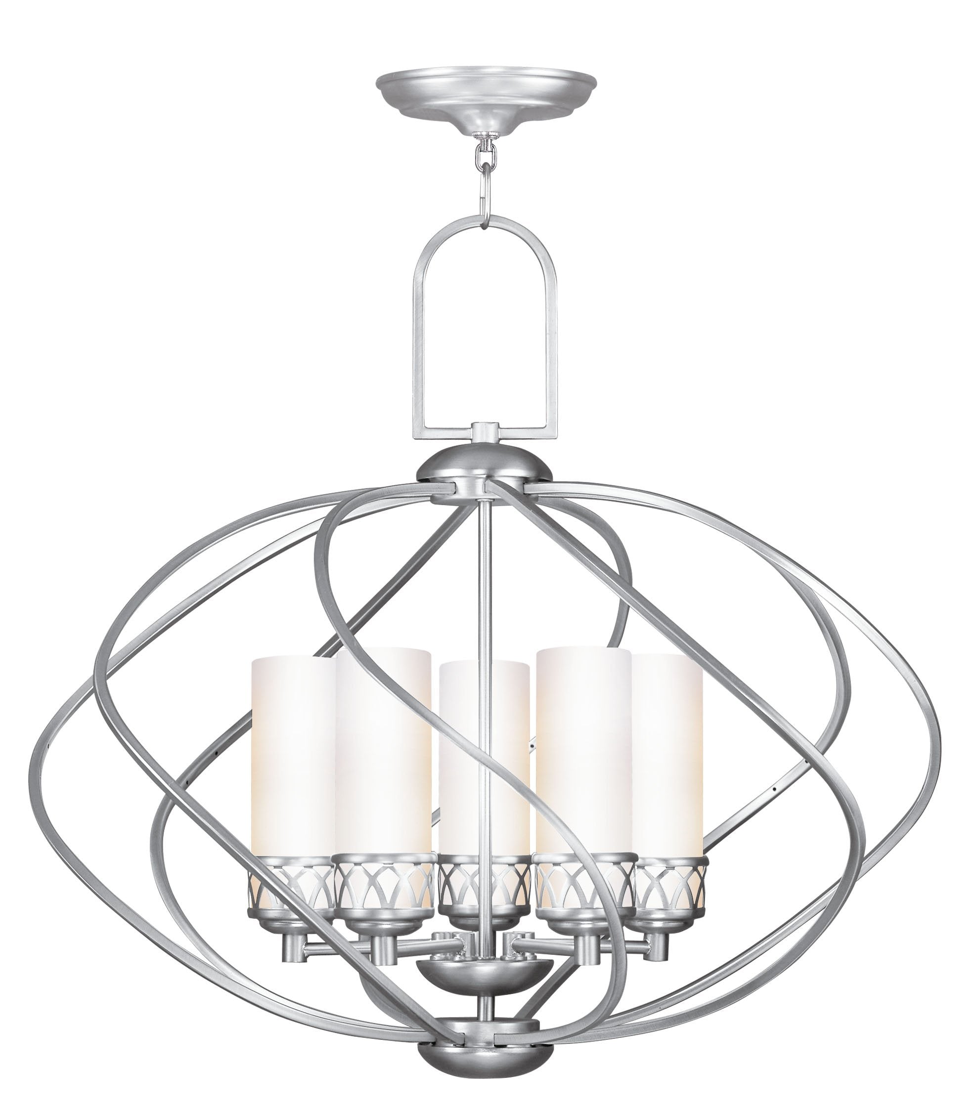 Livex Lighting Chandelier with Hand Blown Satin White Glass Shades, 25inL x 25inW x 24.5inH, Brushed Nickel, Model 4725-91
