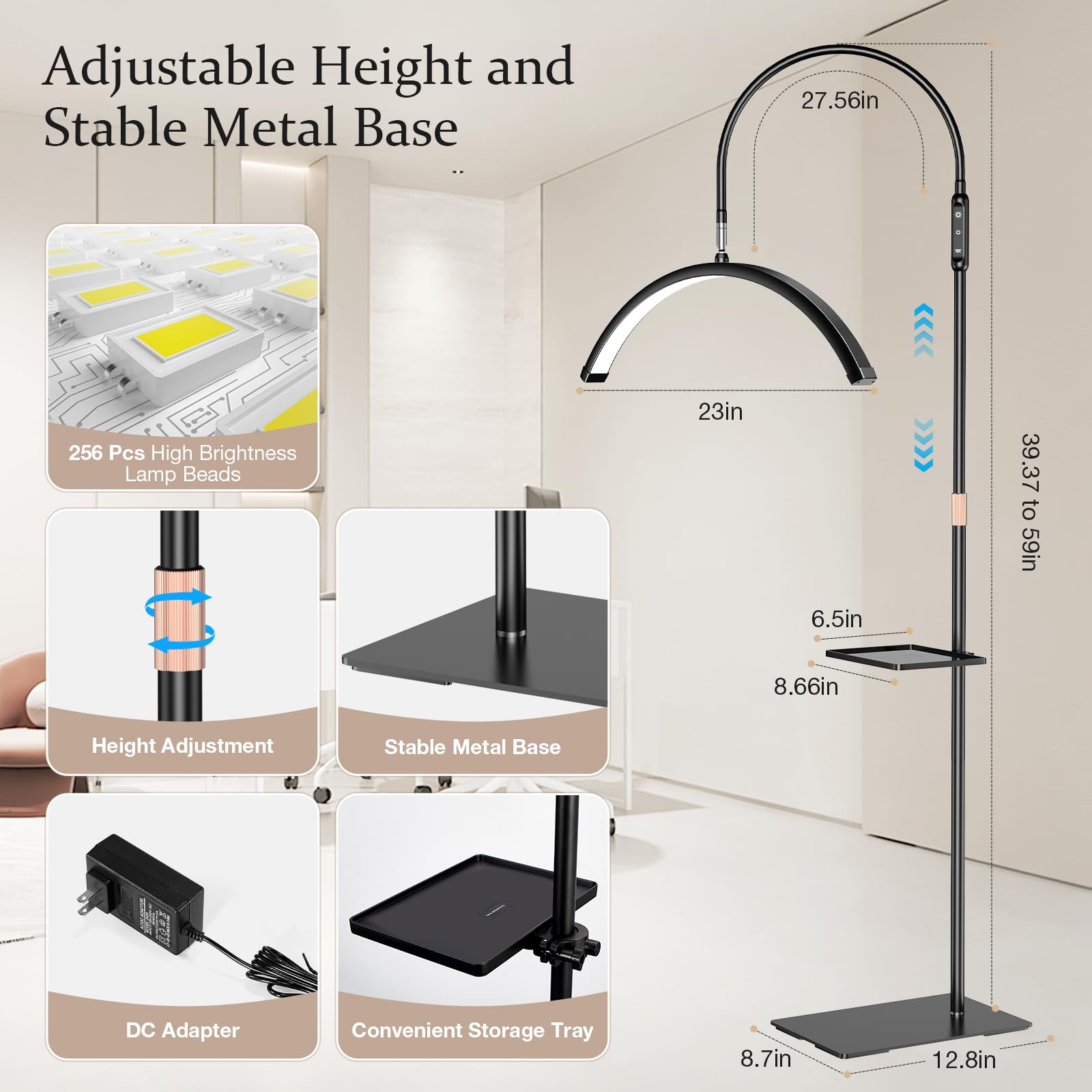 Mznoo Lash Light, 30W/3600Lm Bright Half Moon Light For Eyelash Extensions, Nails And Tattoos, 23In Large Led Floor Lamp Adjusta