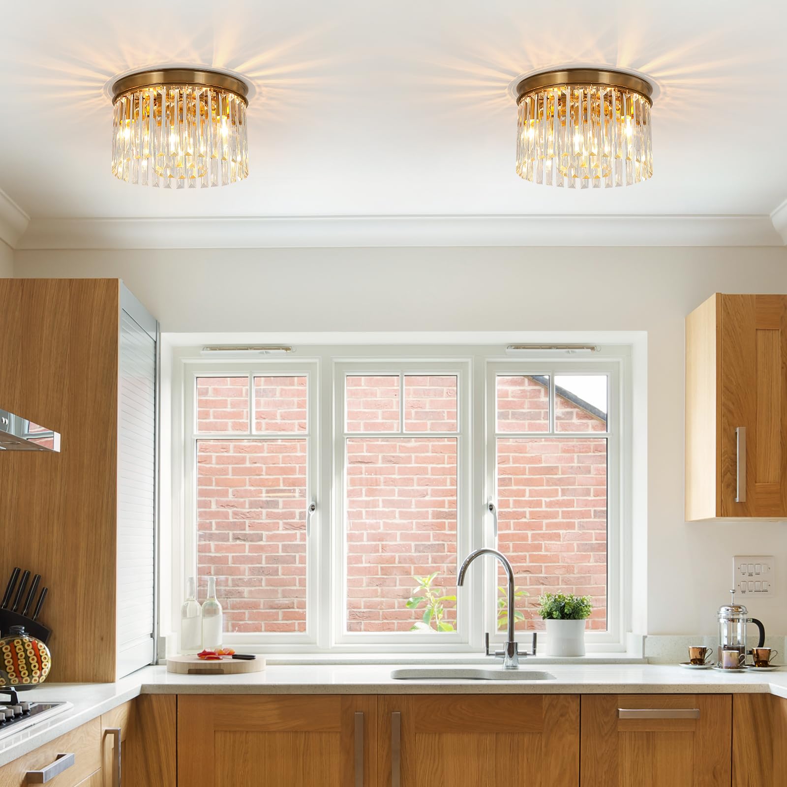 Klklch Gold Flush Mount Ceiling Light, 12 Inch Modern Crystal Light Fixture, 3-Light Semi Flush Mount Chandelier Lighting For Li