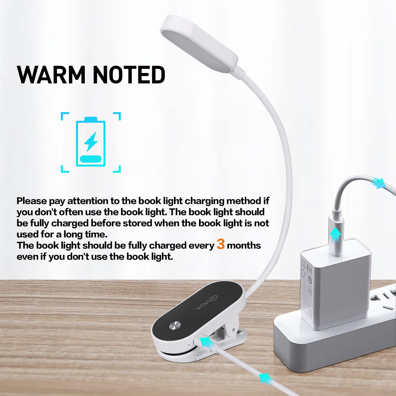 VAVOFO Rechargeable Book Light, 14 LEDs, Amber Reading Light, 9 Colors, 9 Brightness Levels, Model KM-6775, White and Black