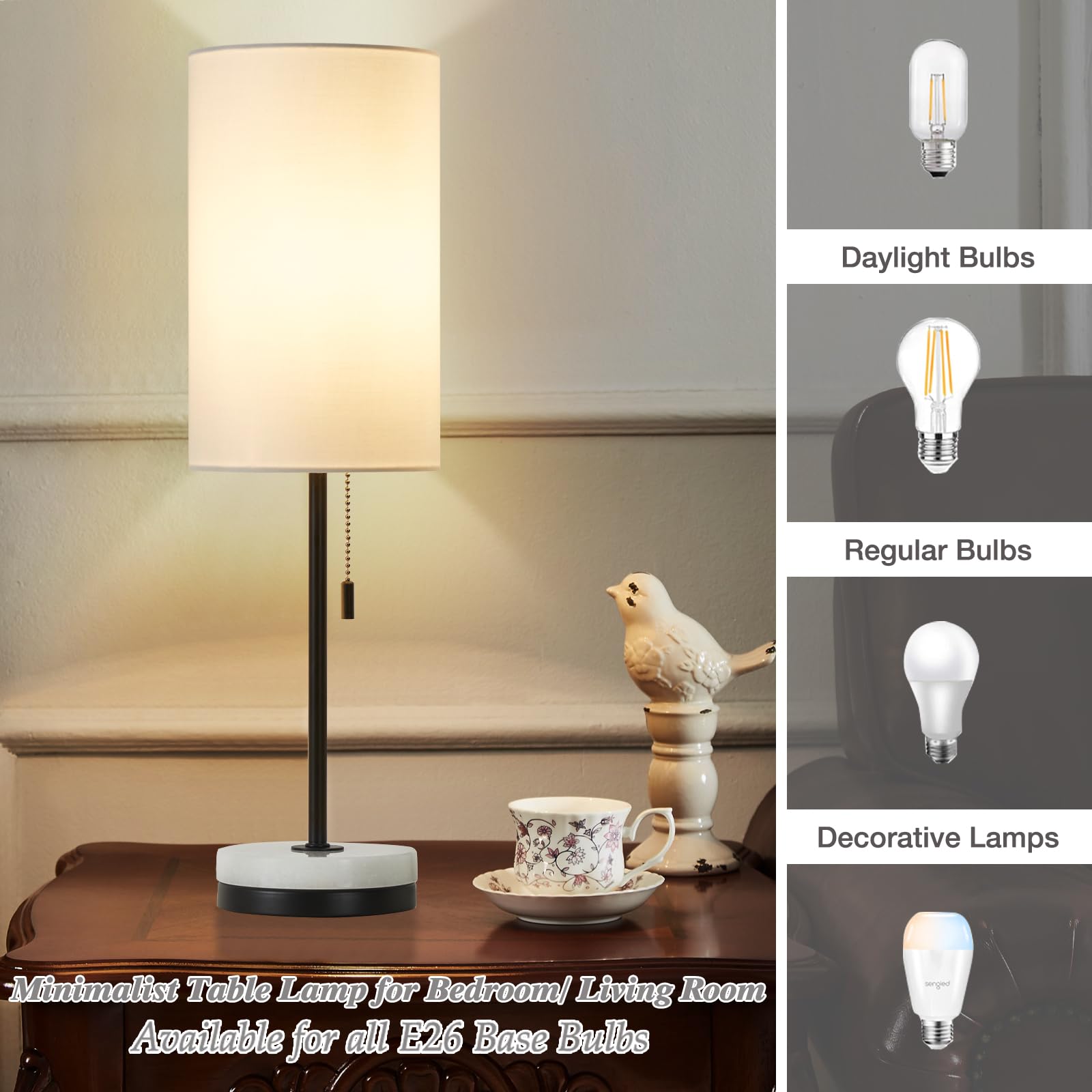 Luvkczc Minimalist Table Lamp Set of 2, Small Black & White Bedside Lamps with Marble Base & Fabric Shade, Model 066