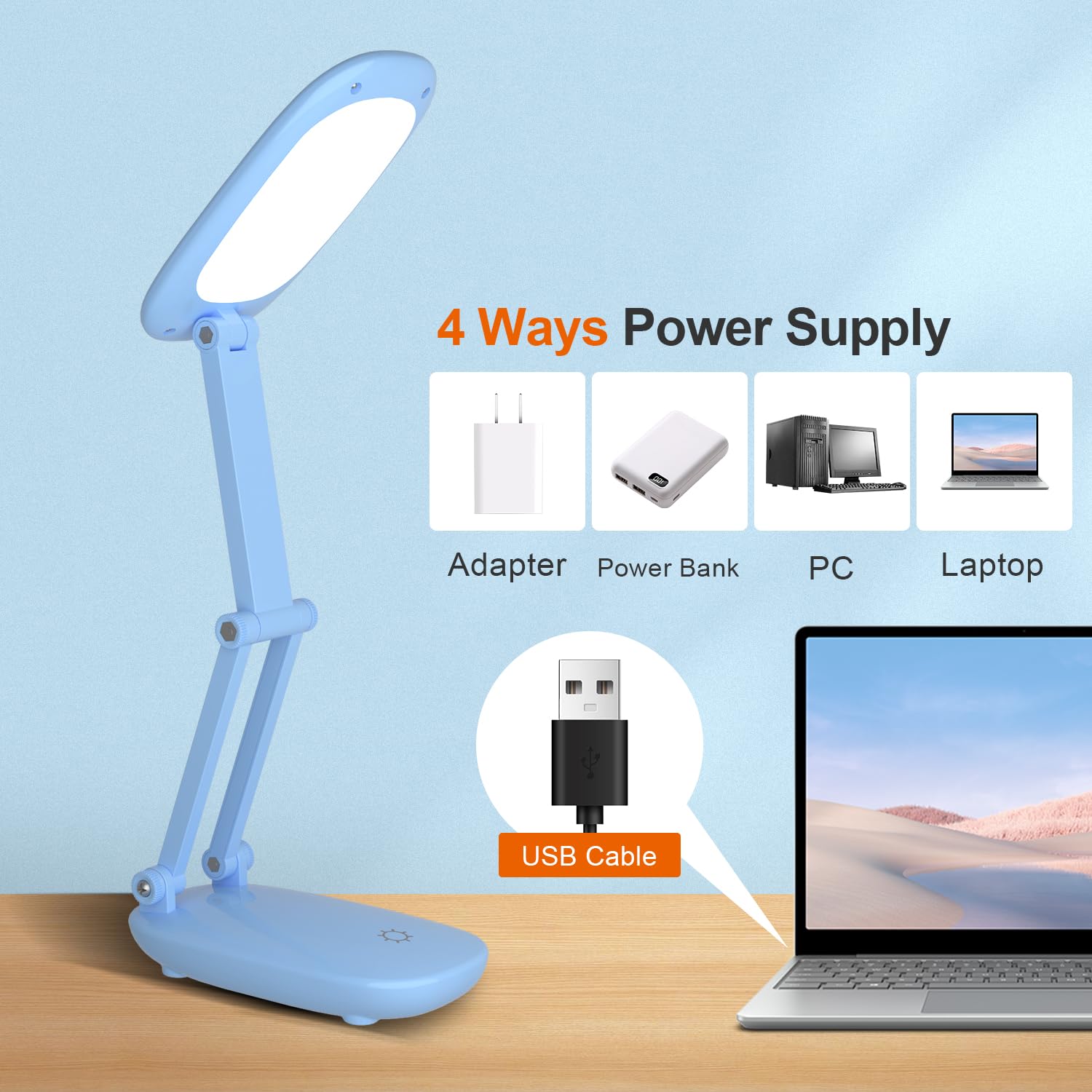 Akejrym LED Desk Lamp, Battery Operated, Foldable & Portable, 3 Brightness Levels, Blue, Model A888
