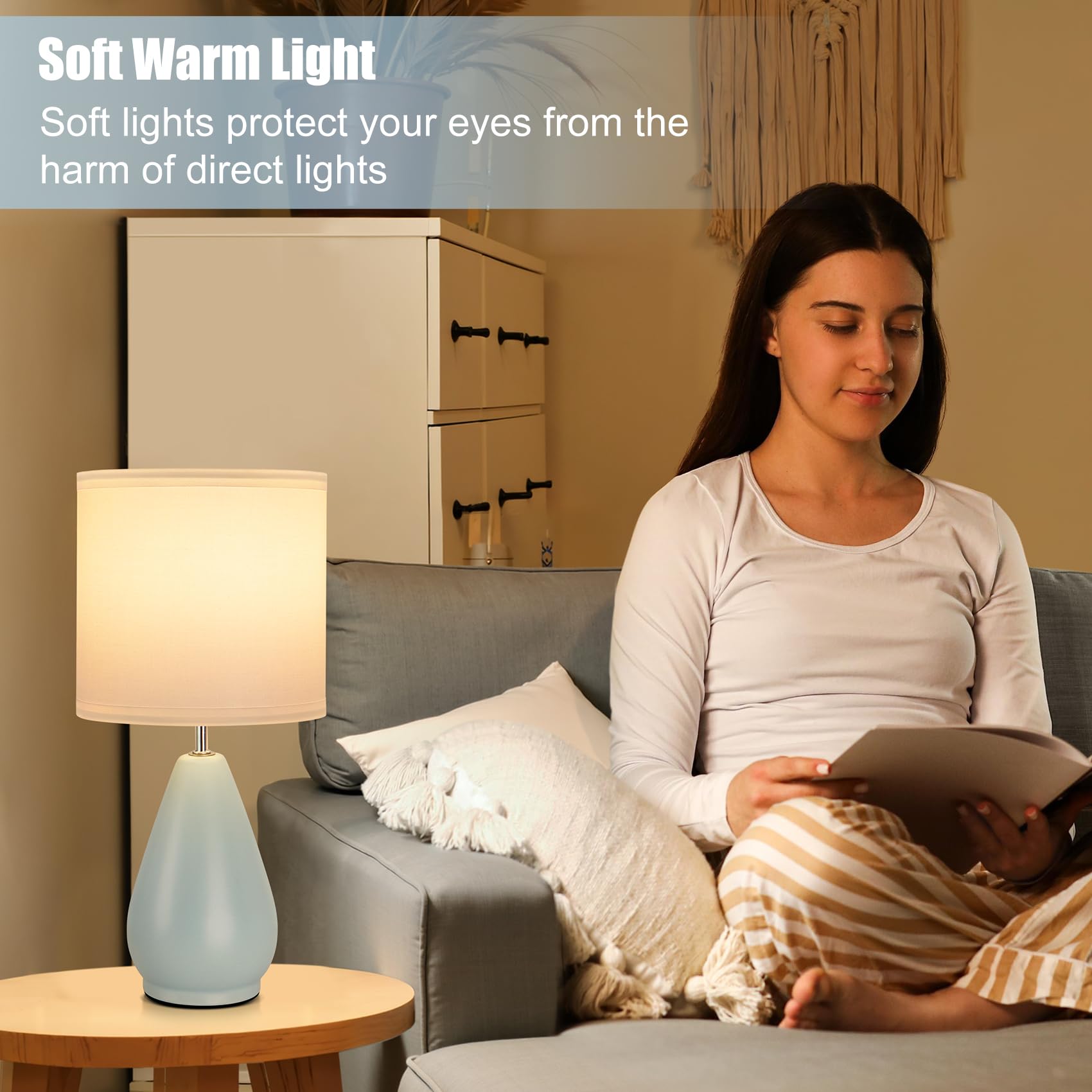 Yacoto Ceramic Table Lamps Set Of 2, Small Blue Bedside Lamps For Bedroom Modern Nightstand With 3 Color Temperatures For Living