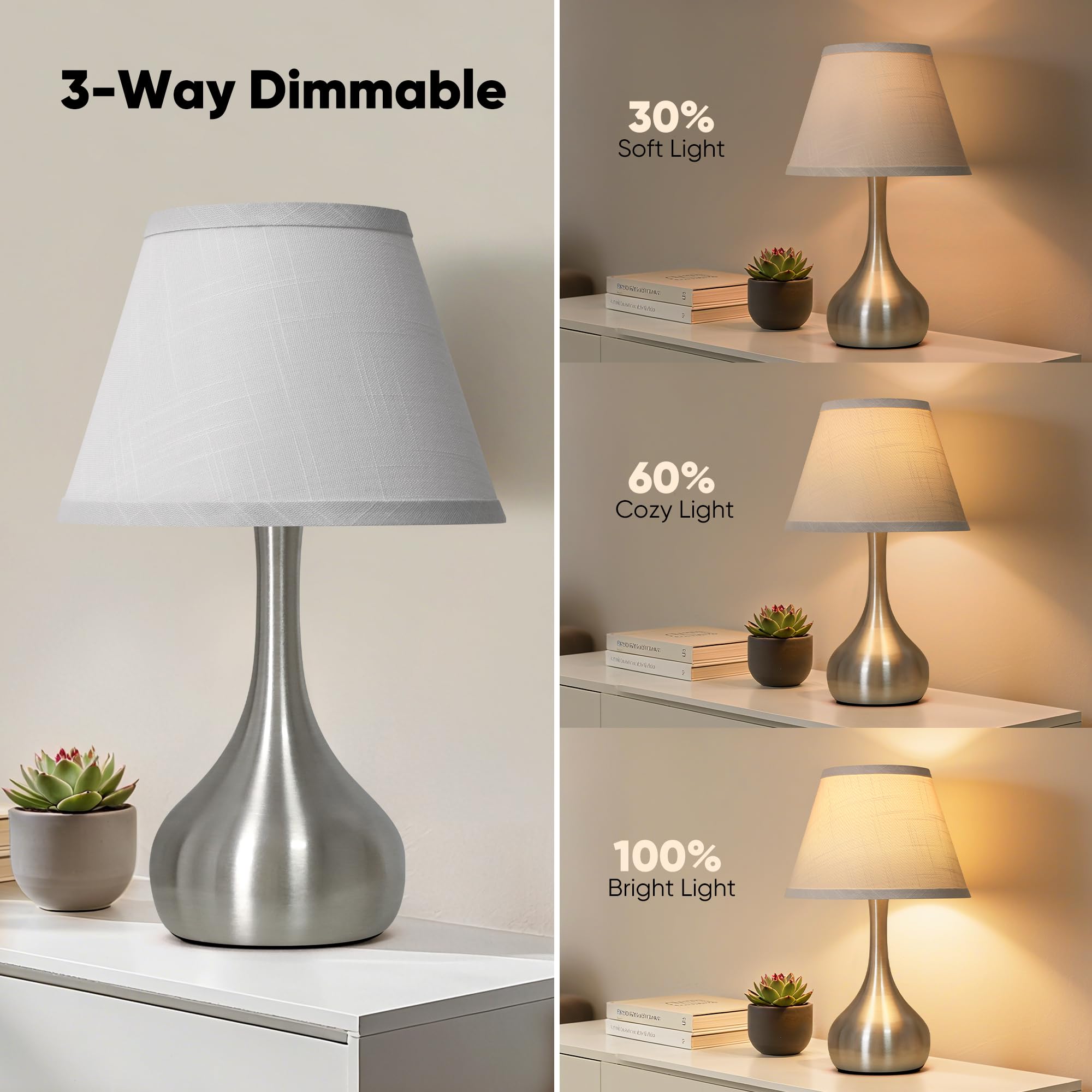 PARTPHONER Touch Table Lamp Set of 2, 3-Way Dimmable, Metal, Nickel, 17” Modern Design, Includes Bulb, Ideal for Bedroom and Office