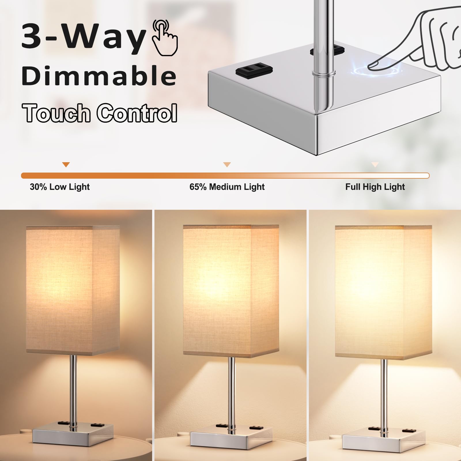 aooshine Touch Bedside Table Lamp - 3-Way Dimmable, USB A & Type C Ports, AC Outlets, 17.4in, Gray & Silver, Model 3