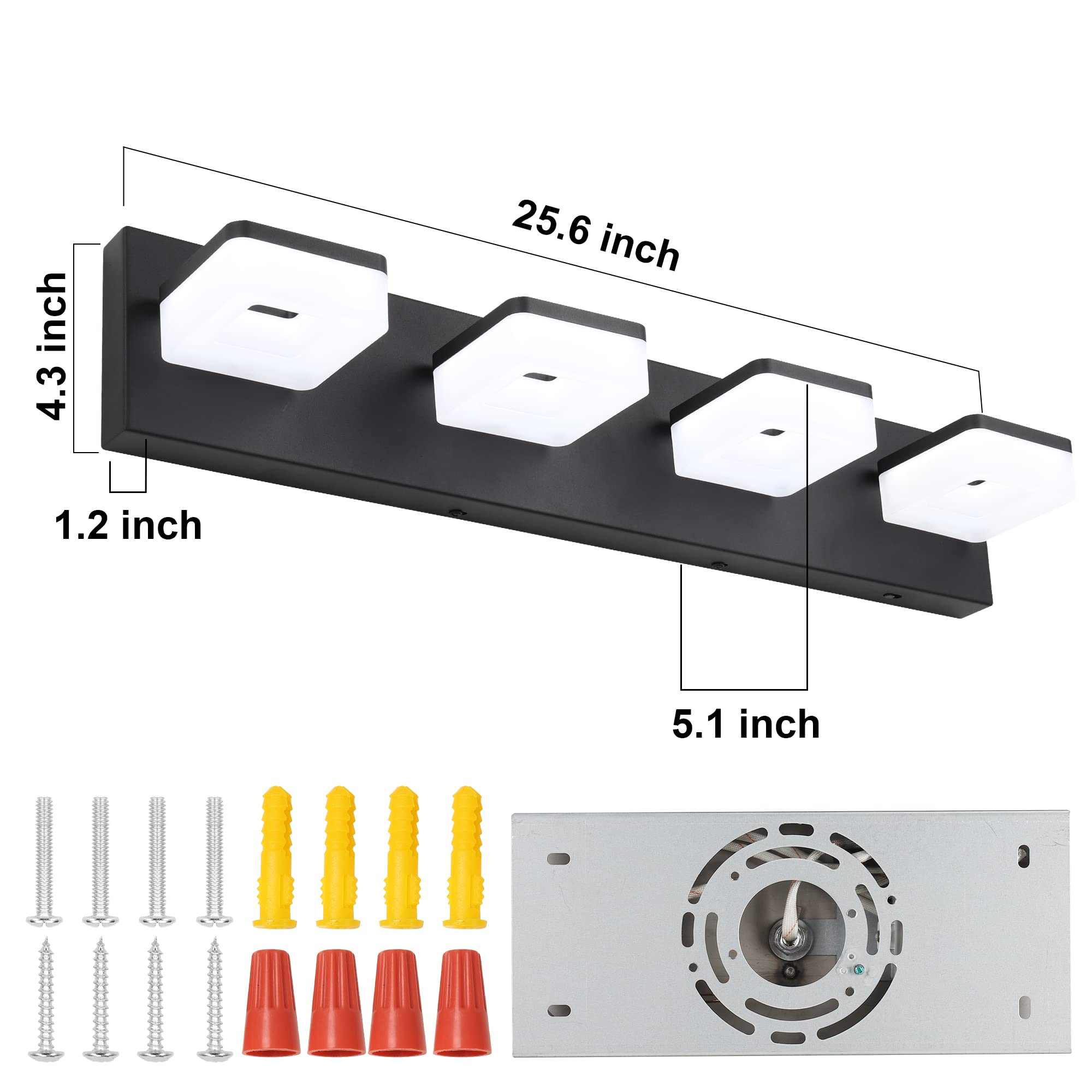 Goodate Dimmable Black Led Vanity Light, 4 Light Fixtures, Adjustable 3000K/4000K/6000K