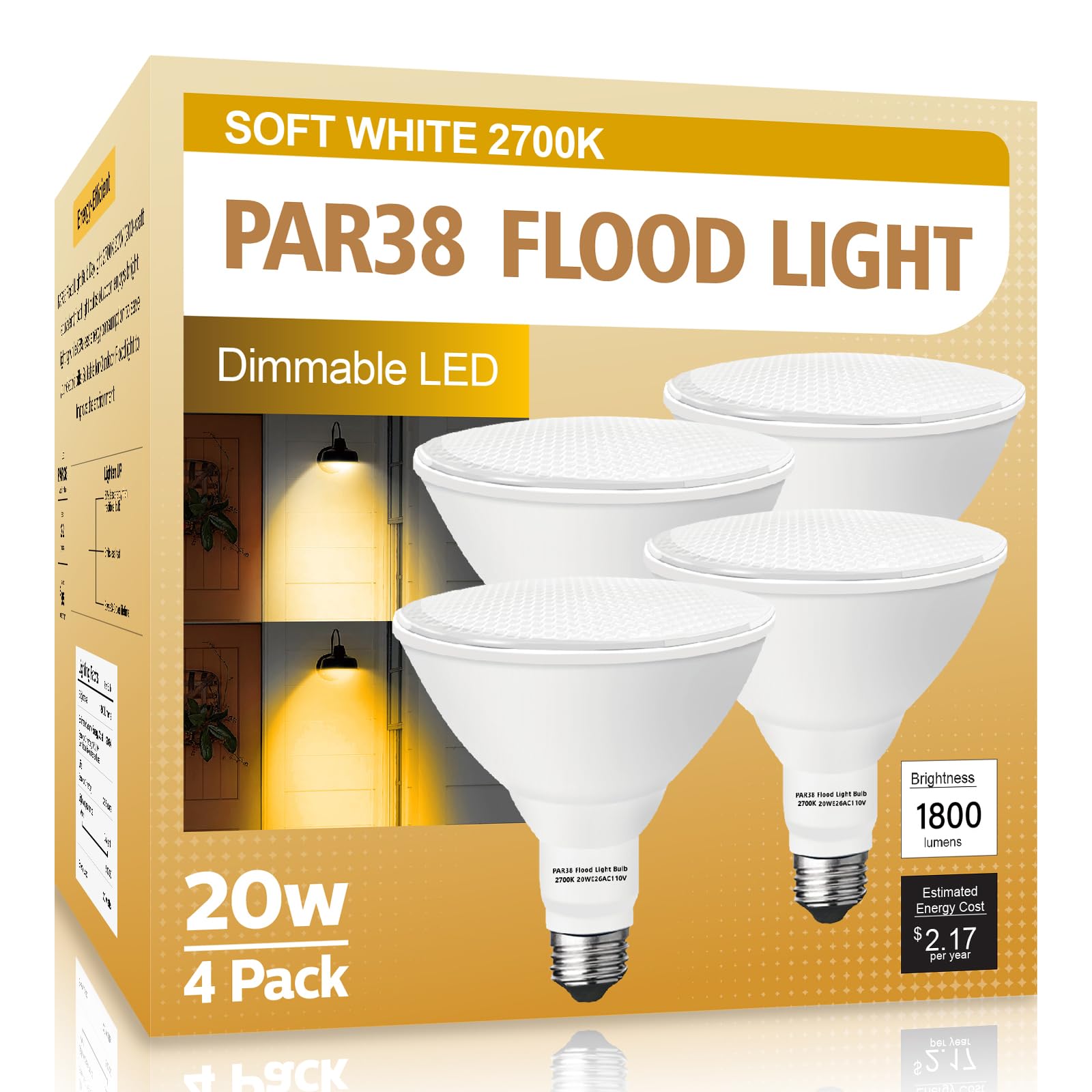 LOXYEE Par38 Amber Yellow LED Bug Light Bulbs Outdoor,20W(200W Equivalent) Bug Light for Outside 2000K, E26 Base Flood Light Bulbs for Porch Lights,Hallway Lighting,Decorative,Dimmable(4 Pack)