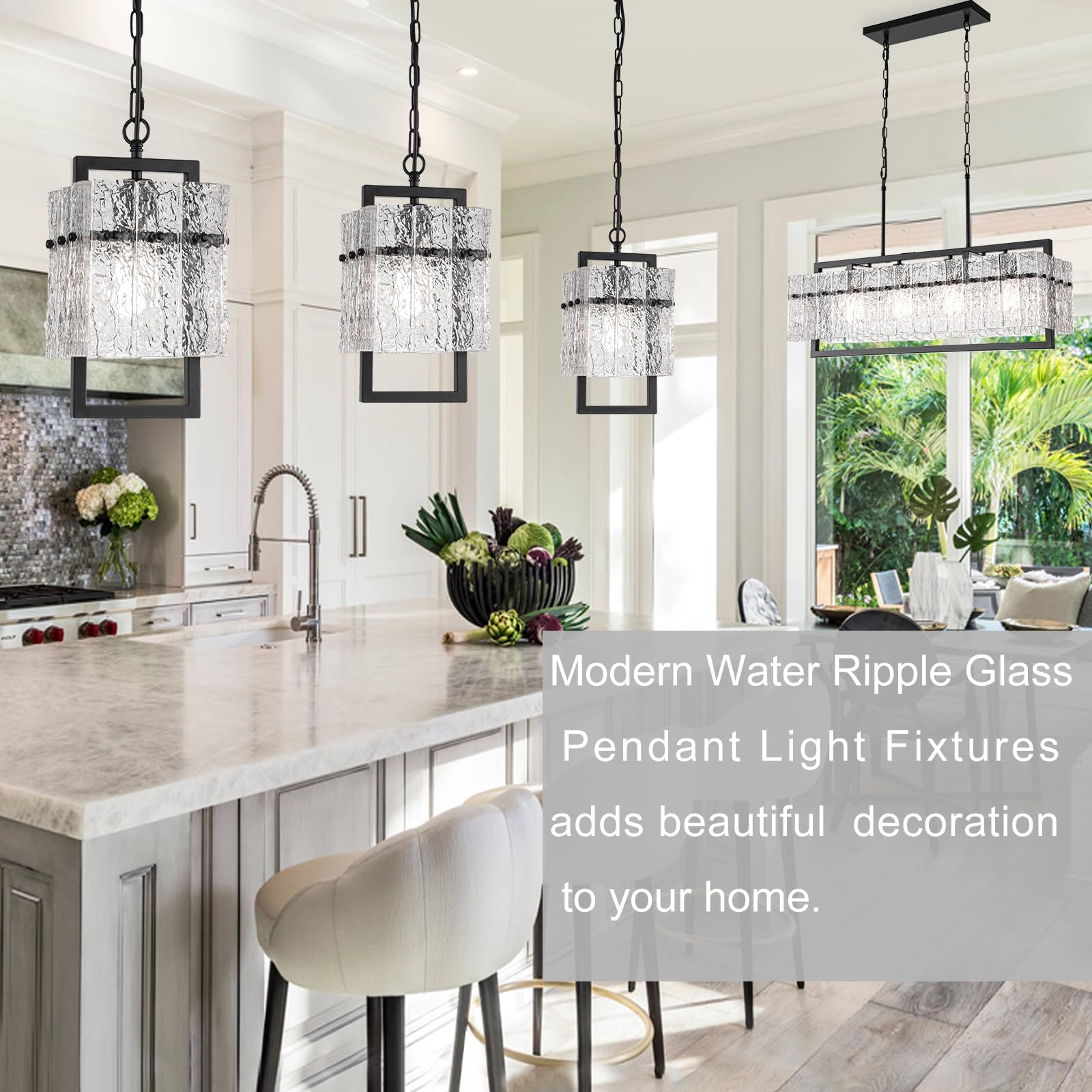 Modern Black Pendant Lights Kitchen Island, Crystal Kitchen Island Lighting With Water Ripple Glass Pendant Light Fixtures Elega