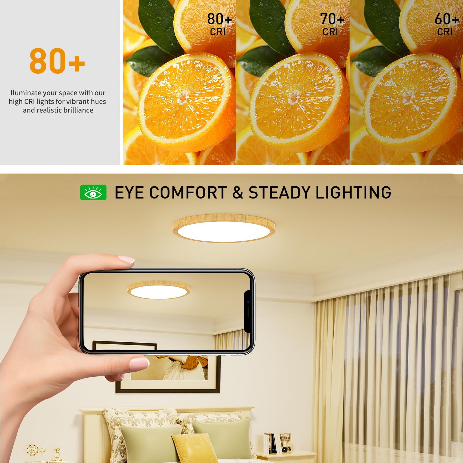 CAMCLIM 12in 24W LED Ceiling Light, 3CCT Selectable, Wood Grain, Model DX0032, Set of 2