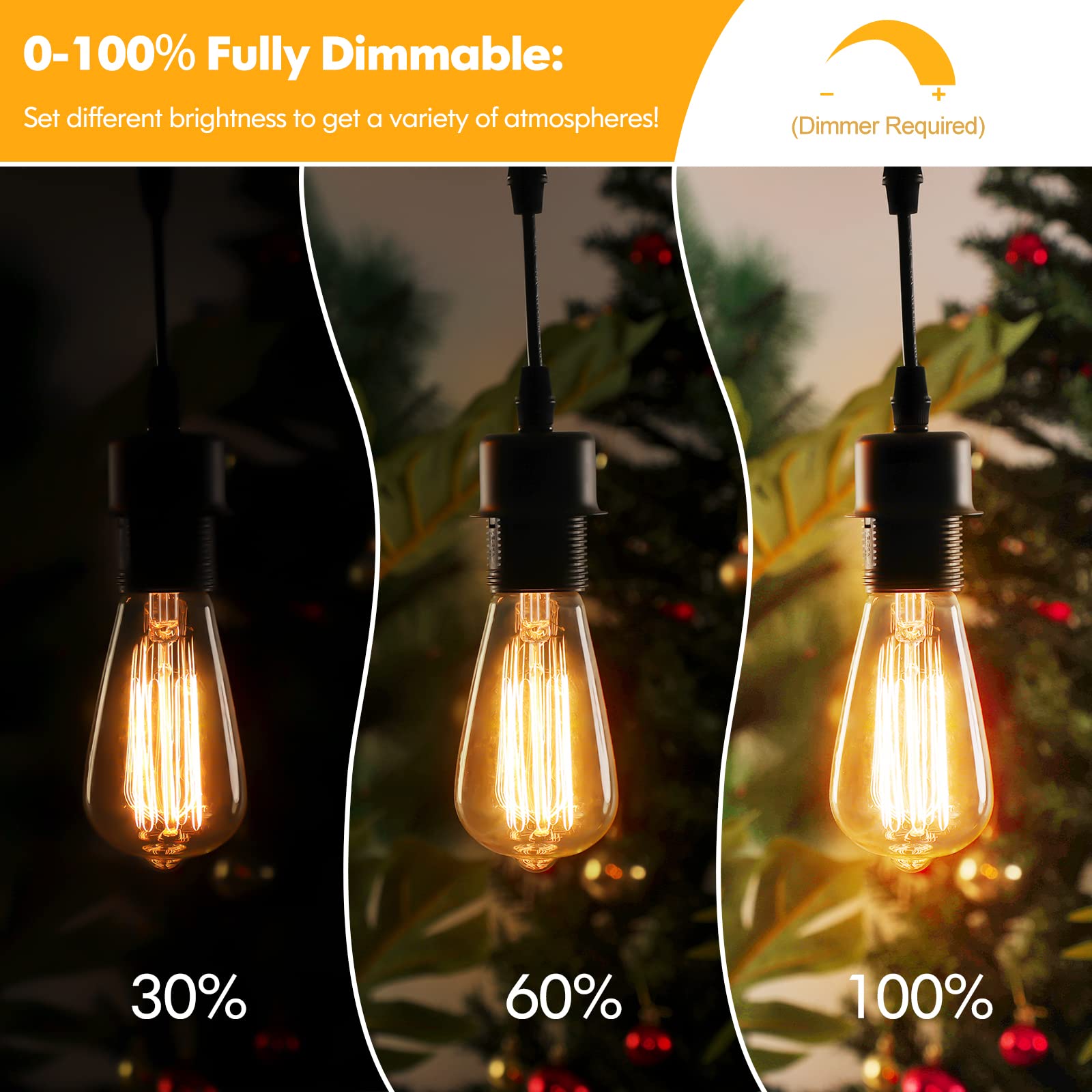 Brightever 60W Vintage Dimmable Edison Bulbs, St64 Amber 2200K Warm White, 4-Pack