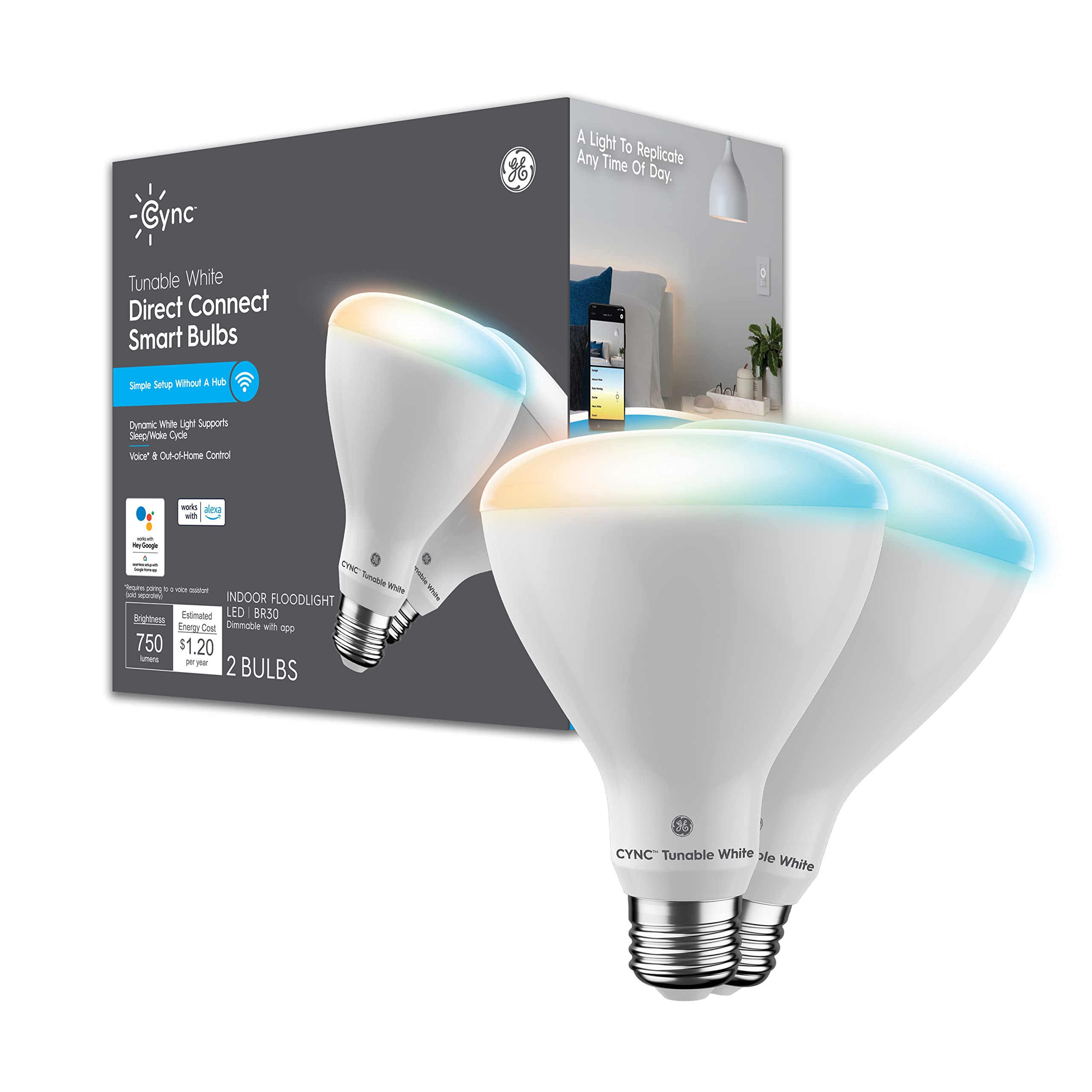 Ge Cync Smart Led Light Bulbs, Tunable White, Bluetooth And Wi-Fi, Works With Alexa And Google, Br30 Indoor Floodlights (2 Pack)
