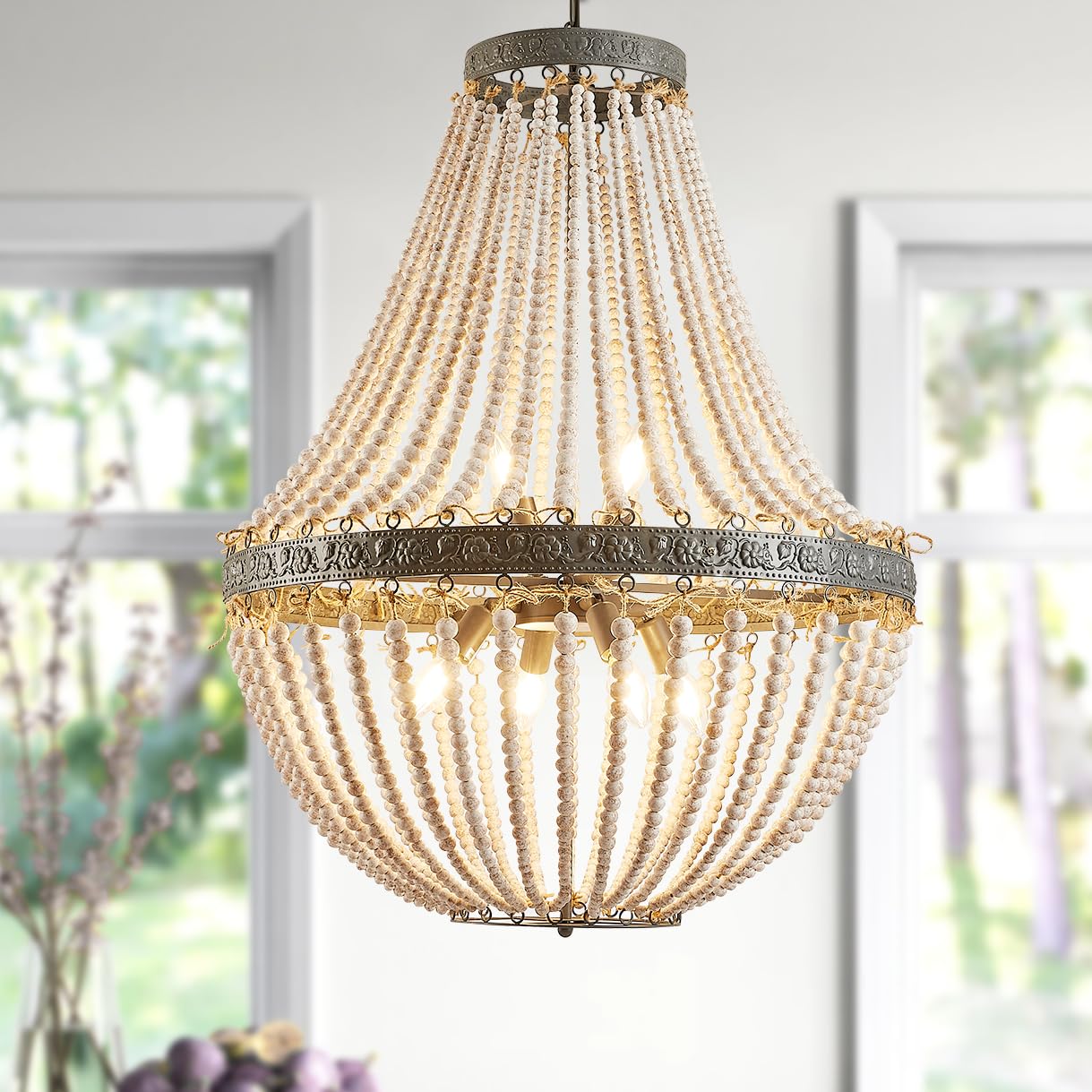 Large Boho Wood Beaded Chandelier - 25.5 Inch Draped Bead Rustic Farmhouse Ceiling Light Fixture for Dinning Room, Bedroom, Livi