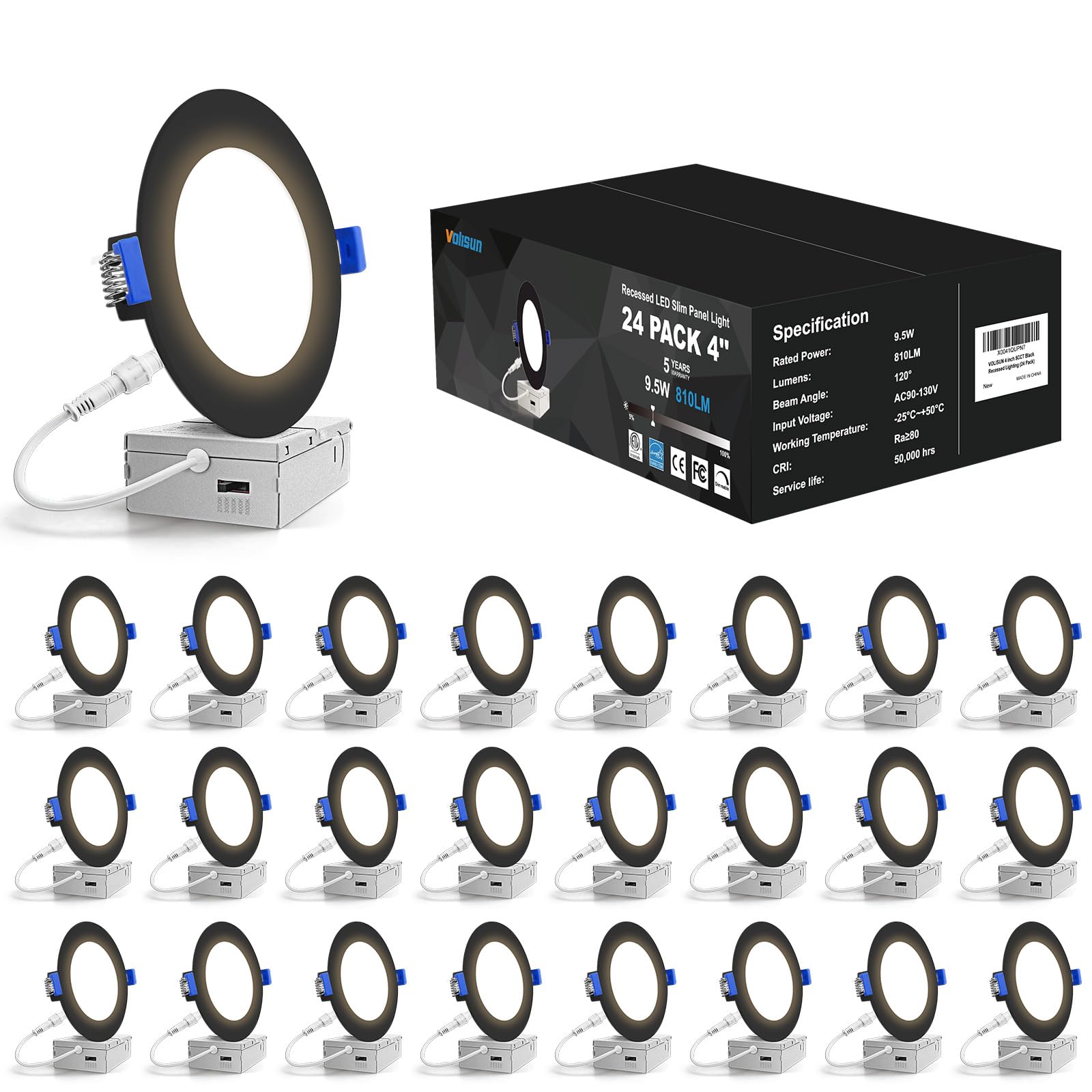 VOLISUN 24 Pack 4 inch Recessed Lighting, 5CCT LED Black Recessed Light, 2700K-5000K Selectable, 9.5W Eqv 80W, 810LM Dimmable Ca