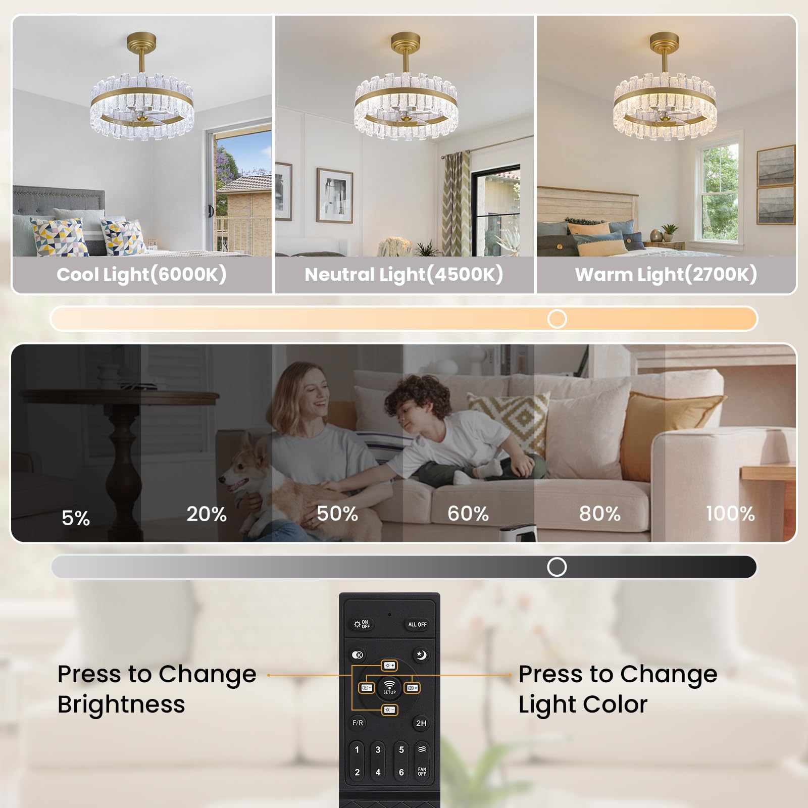 CROSSIO 20 Gold Caged Ceiling Fan with Light, Modern Water Ripple Acrylic LED Chandelier Ceiling Fan with Lights and Remote Co