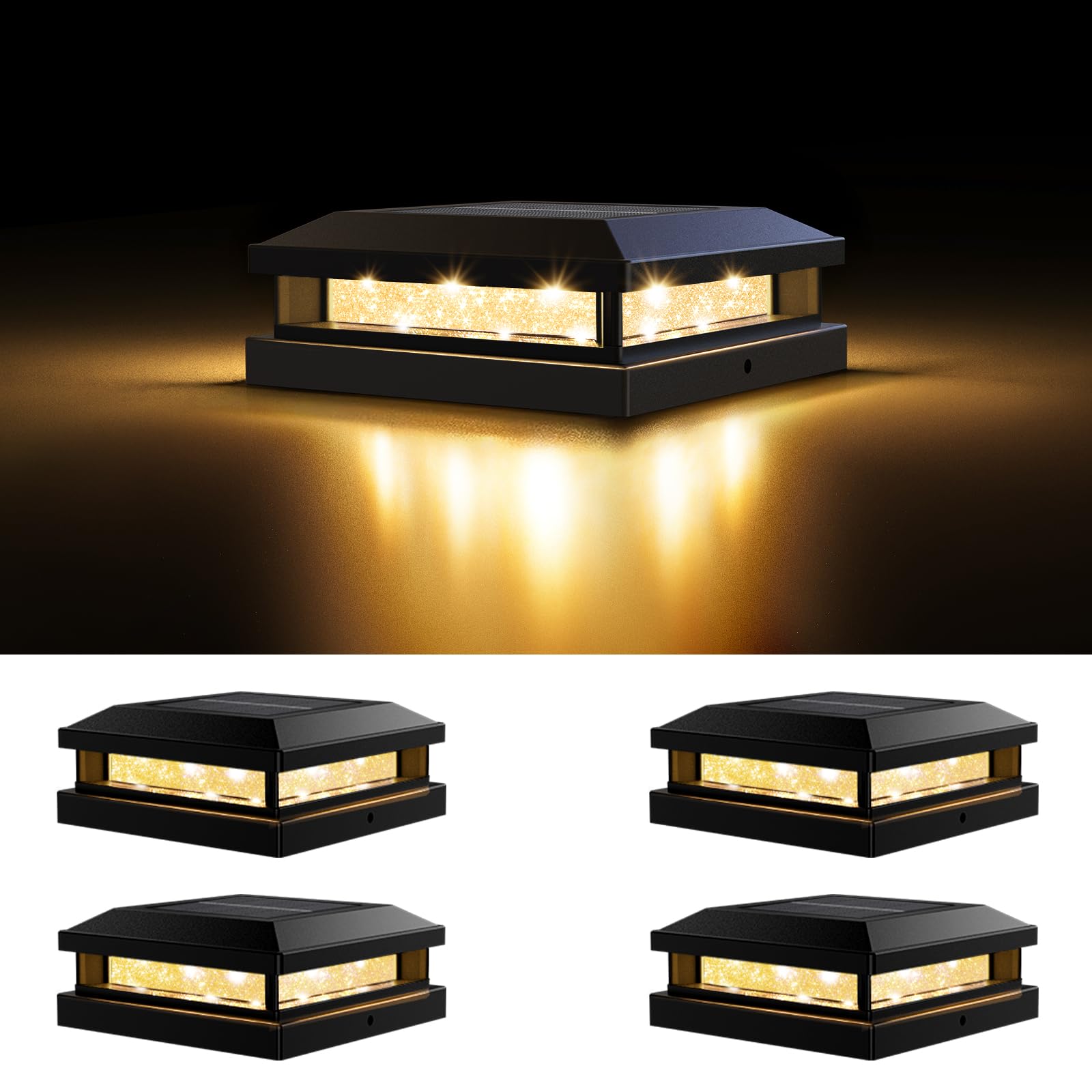 Solar Light Outdoor 4 Packs  Waterproof Solar Powered Post Cap Light For 4X4 4.5X4.5 5X5 Vinyl/Wooden Post With Warm/Cool Lighting  Black 16Leds Deck Cap Lights For Outside  Garden  Patio  Porch