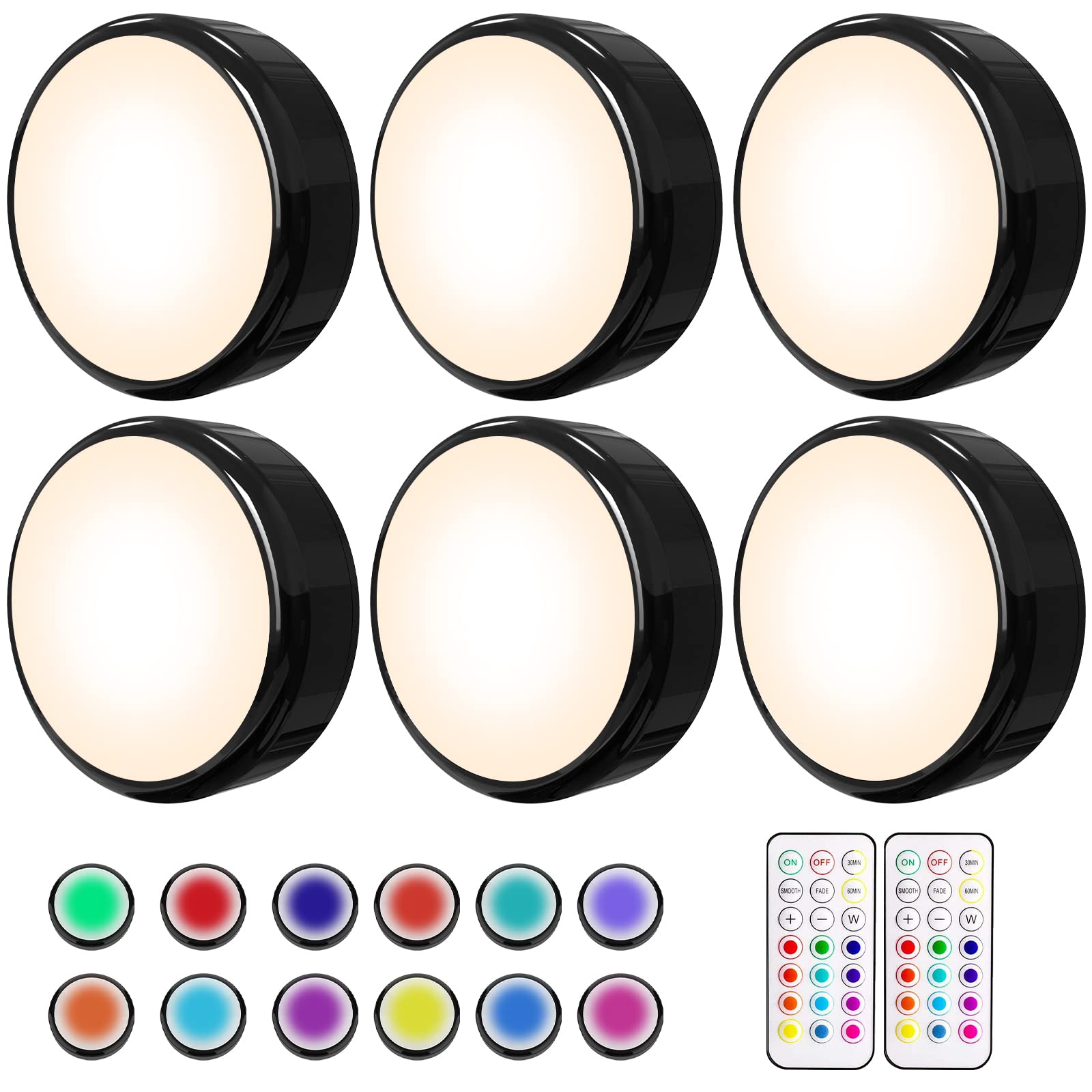 HELPLEX Puck Lights, 16 Colors LED, Battery Operated, Dimmable, Wireless Under Cabinet Lighting, Black, 6 Pack, ABS Material