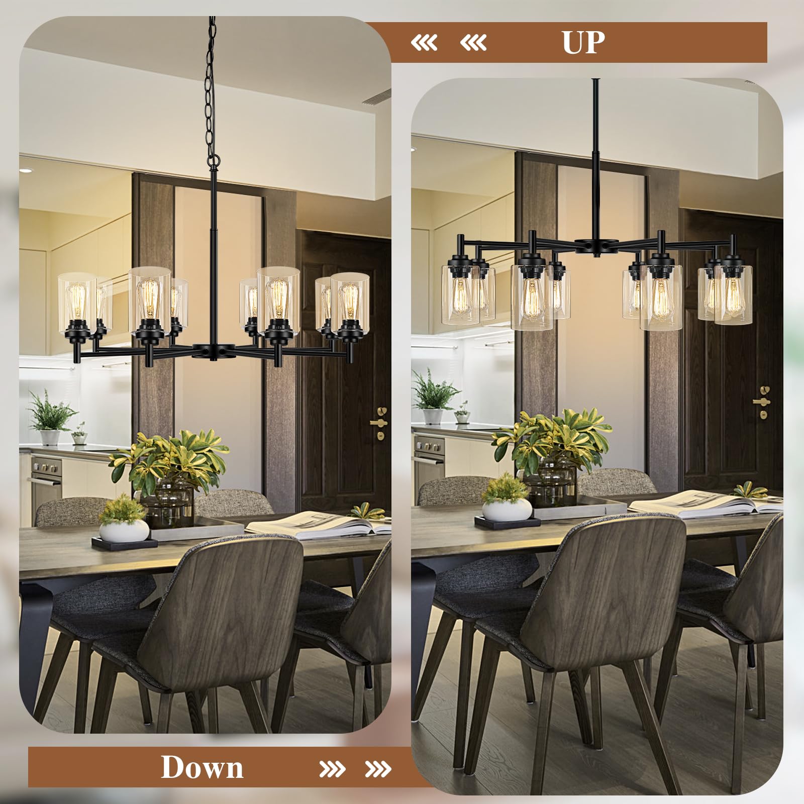 Sucolite 8-Light Chandelier For Dining Room Kitchen Island Modern Farmhouse Pendant Lighting With Clear Glass Shades Industrial