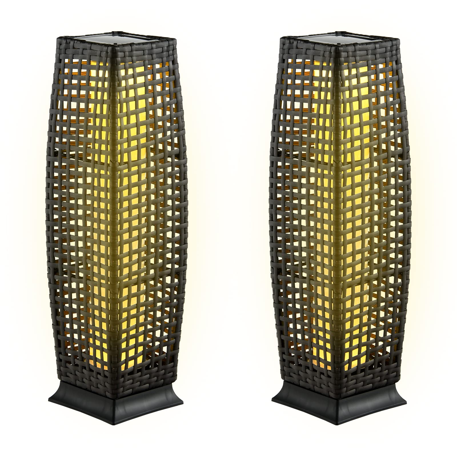 Tangkula 2-Piece Outdoor Solar Floor Lamps, IP65 Waterproof, 27” H, Black, Model TA-10519, Wicker Decorative Lanterns for Garden Patio