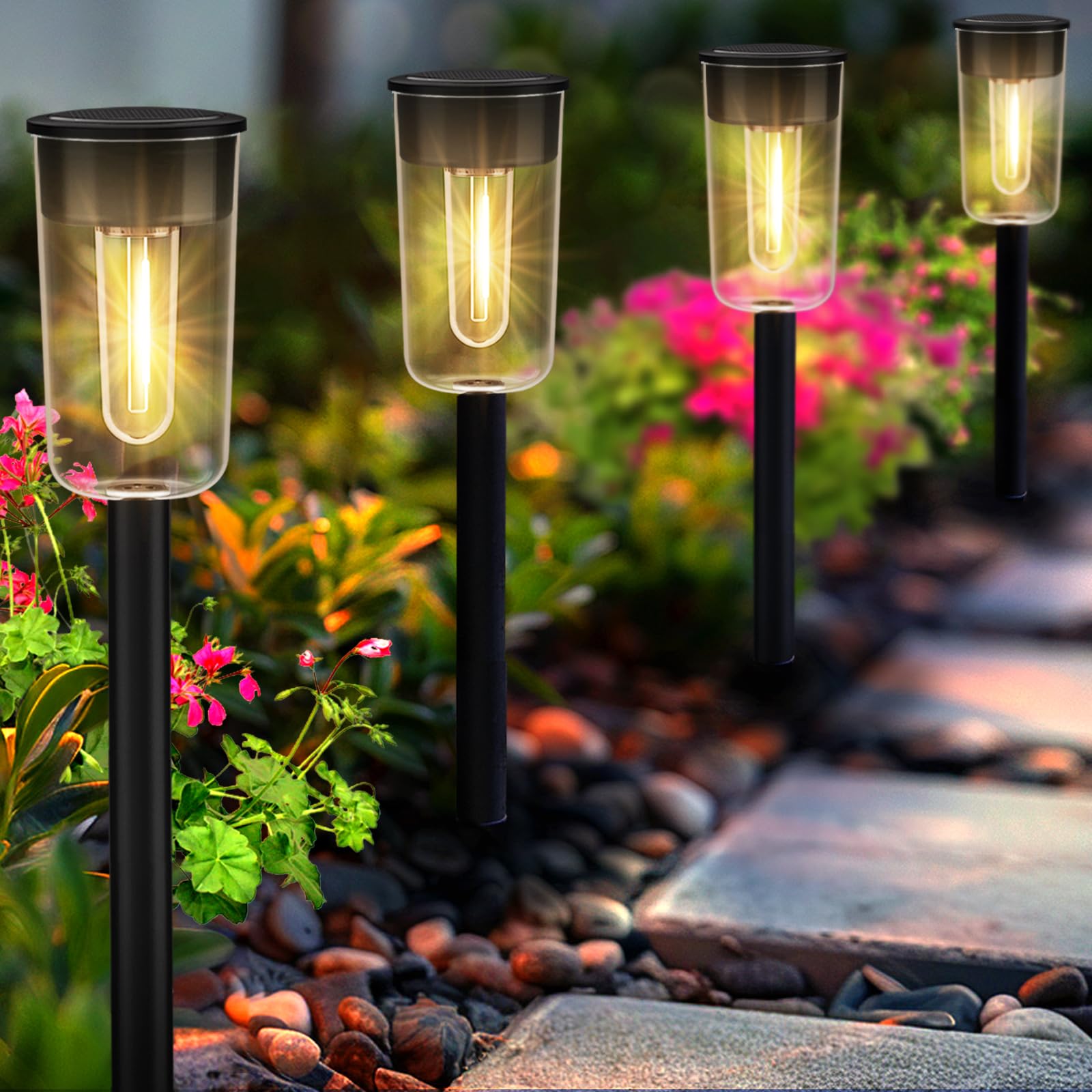 Qualdout Solar Pathway Lights 8 Pack, IP65 Waterproof Outdoor Lighting, Black, Model LT-225S8-SD