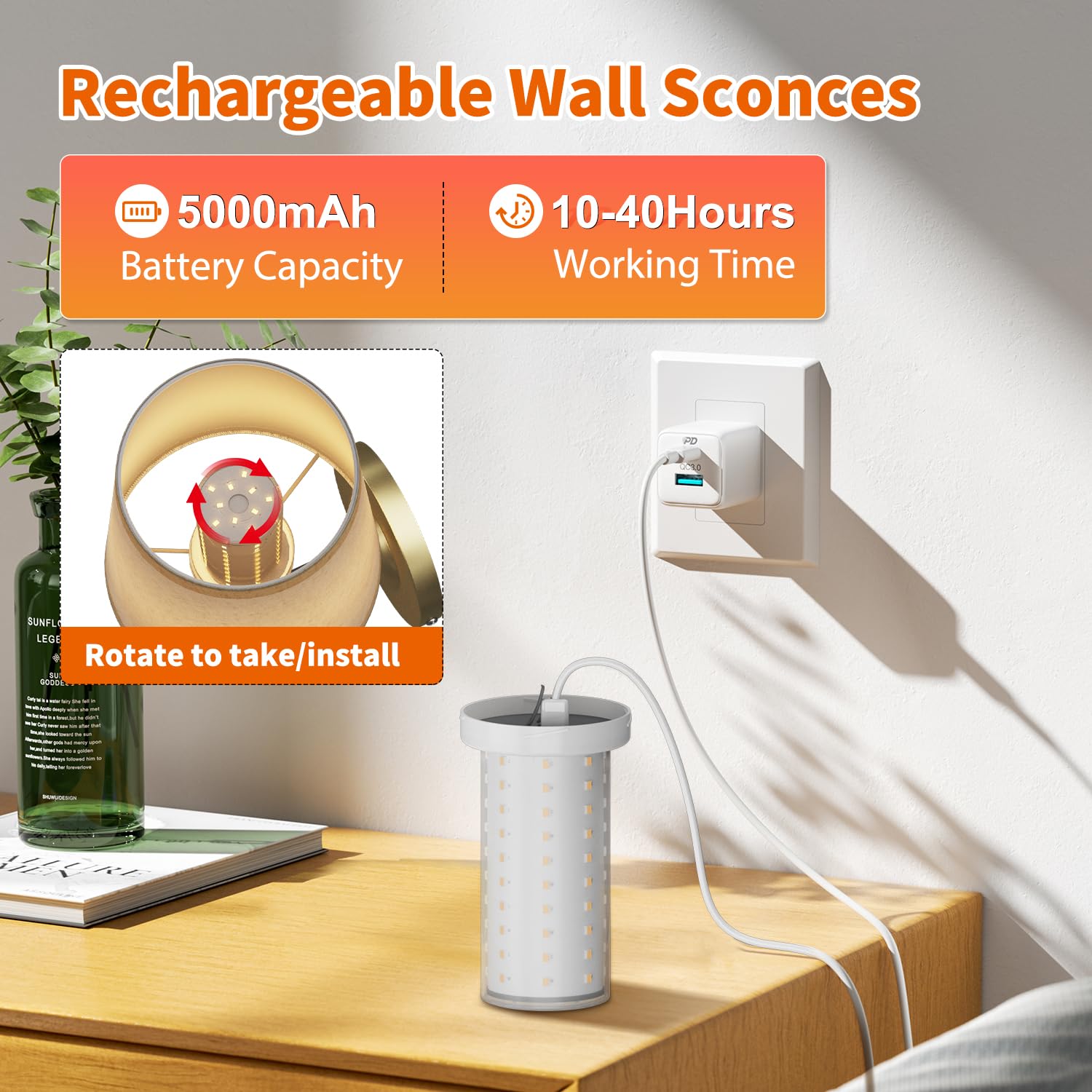 FUNTAPHANTA Battery Operated Wall Sconce Set - Remote Control, Dimmable 3 Color Temp, Black Gold, Model FH-WS01-BG2