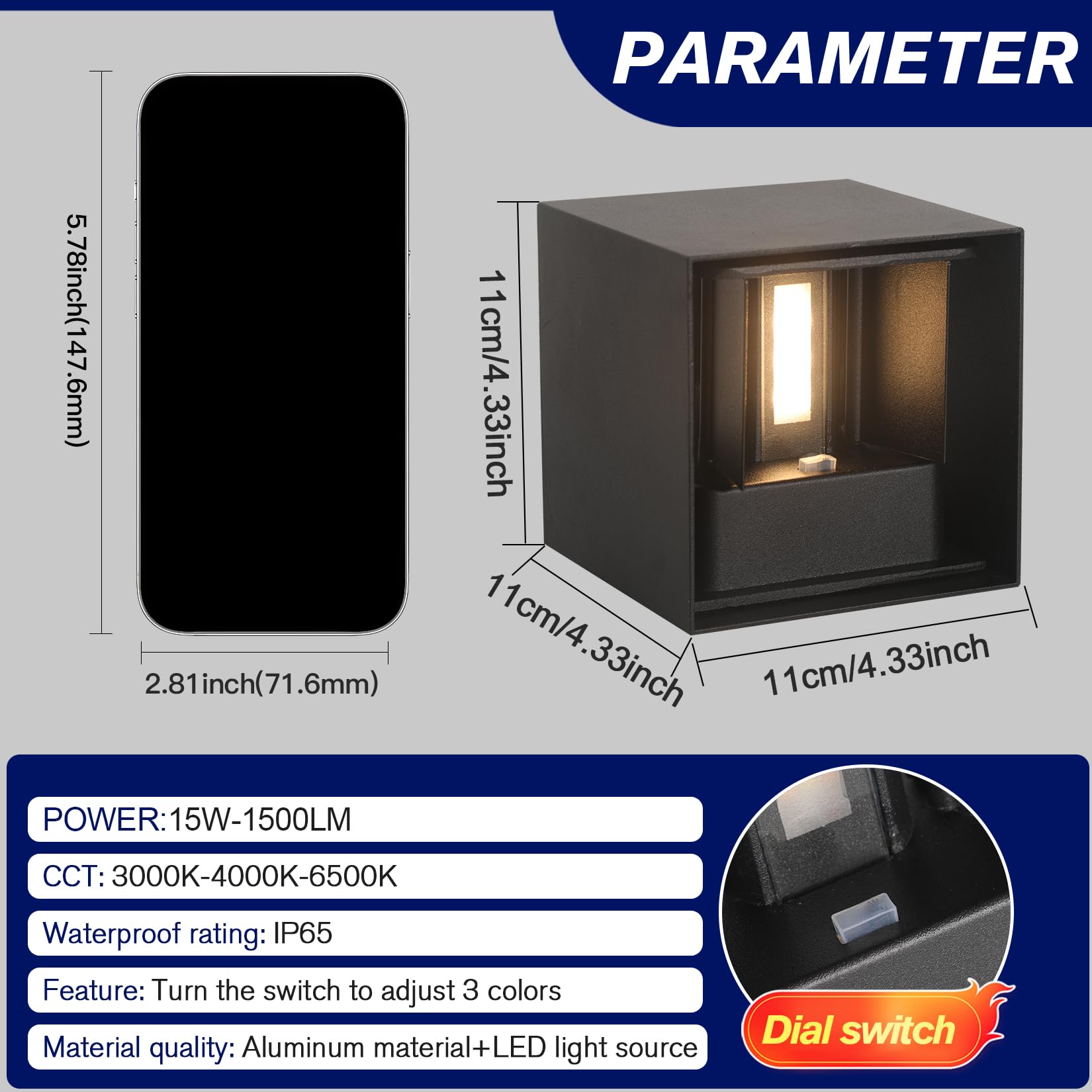 4 Pack Led Outdoor Wall Lights Exterior/Interior 3 Colors Adjustable 15W Wall Light Fixture Ip65 Waterproof Porch Exterior Wall Sconce Modern Outdoor Lighting Square Aluminum Black Up And Down Lights