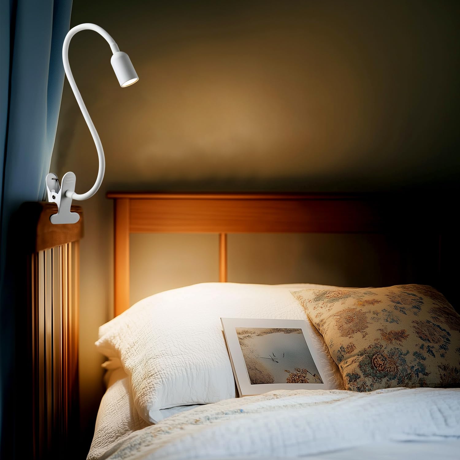 DAMI LED Reading Light - Dimmable USB Clip-on Spotlight Lamp for Bed & Desk, Flexible Gooseneck, Color Temp 3000/4000/6000K, White